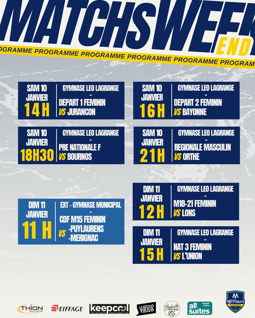 🌸 Programme du week-end 🌸
Pour la reprise , nous avons 6 matchs à domicile ! 🔥
Venez nombreux/nombreuses pour encourager les
équipes seniors tout au long de la journée!
Samedi 10 Janvier , Gymnase Léo Lagrange ;
- 14h, Depart 1 féminin contre Jurancon
- 16h, Depart 2 féminin contre Bayonne
- 18h30, Pré-nat féminin contre Bournos
-21h, Régionale Masculin contre Orthe
Dimanche 11 Janvier, Gymnase Léo Lagrange
- 12h , M18/21 féminin contre Lons
- 15h, Nationale 3 féminin contre L'union
EXT - Coupe de France M15 Féminin , 11h, gymnase
municipale PUYLAURENS
🙌 Partenaires ;
Thion Equip'Elevage / @keepcoolpau / @vandbpau /
@babettebeerhouse / @all_suites