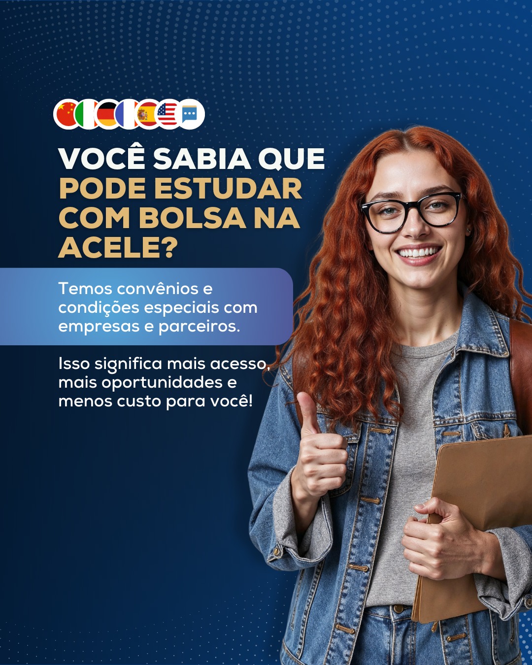 Investir em um novo idioma pode ser mais simples do que você imagina.
Na ACELE, o acesso ao ensino de qualidade vem acompanhado de vantagens reais para quem busca evoluir sem pesar no bolso.
Quer saber se você se encaixa nas condições especiais?
Fale com a gente e descubra como começar agora.
#Acele #Idiomas #EstudarComVantagens #AprenderIdiomas #Oportunidades #MatrículasAbertas