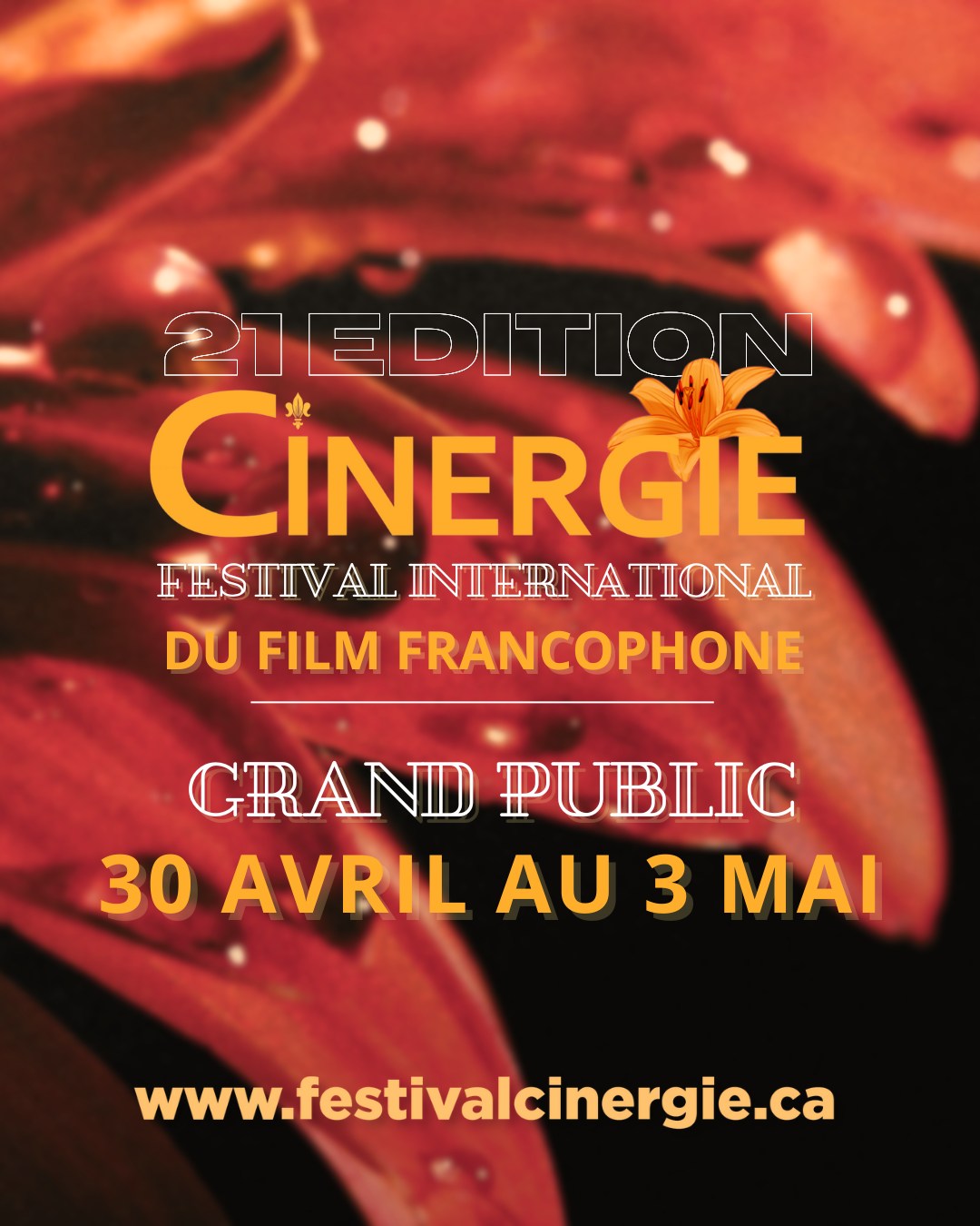 Le festival CINERGIE en est à sa 21ᵉ édition cette année 2026 ! 🥳
Nous vous présentons aujourd’hui l’identité visuelle de l’édition 2026 ainsi que les dates officielles ! ✨
Le volet GRAND PUBLIC du festival se tiendra du 30 avril au 3 mai 2026 au Roxy Theatre, à Saskatoon. 🙌
N’hésitez pas à marquer les dates dans votre calendrier pour ne pas les oublier ! 😁