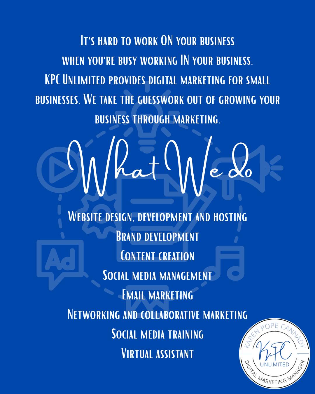 Your #smallbusiness deserves to be seen! 🌟 From eye-catching ads to engaging content, #kpcunlimited has the tools to boost your online presence. Contact us today for a free consultation!
karen@kpc-unlimited.com
812-221-1105
#kpcsupportssmallbusiness #digitalmarketing #smallbusinessmarketing