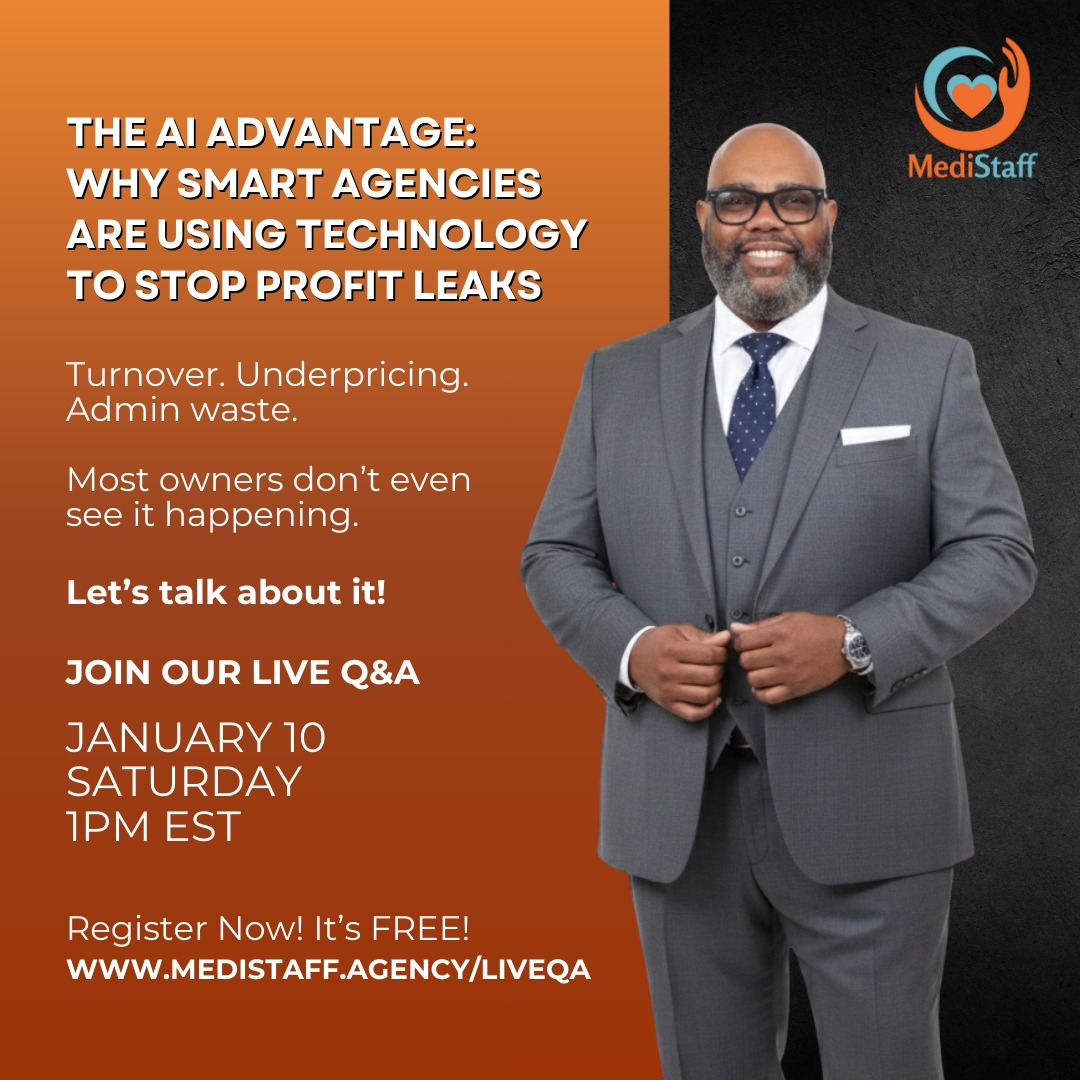 Tomorrow at 1PM EST, we’re breaking down how smart agencies are using AI to stop profit leaks before they drain growth.
If turnover, pricing pressure, or admin overload is eating your margins, this live Q&A is for you.
🎯 The AI Advantage: Why Smart Agencies Are Using Technology to Stop Profit Leaks
📅 Tomorrow | ⏰ 1PM EST
👉 Register here: medistaff.agency/liveqa
#HomeCareBusiness #HealthcareLeadership #AgencyGrowth #AIinHealthcare #ProfitLeaks #MedistaffLive