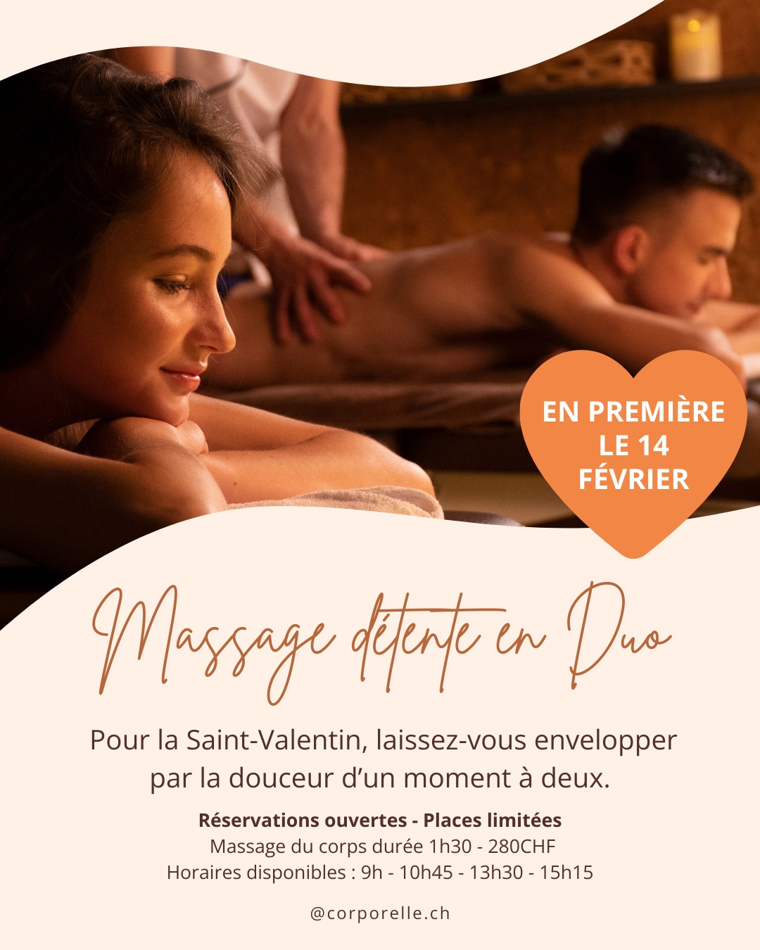 Massage détente en Duo 🤍
À l’occasion de la Saint-Valentin, offrez-vous une parenthèse de bien-être à deux.
Un moment hors du temps, placé sous le signe de la détente, de la douceur et du lâcher-prise, pour se retrouver et savourer pleinement l’instant présent.
🌸 Massage du corps en duo – durée 1h30
💫 Tarif : 280 CHF pour deux
🕰 Horaires disponibles : 9h-10h30 • 10h45-12h15 • 13h30-15h • 15h15-16h45
📩 Réservations ouvertes – places limitées
Nous nous réjouissons de vous accueillir et de prendre soin de vous.
Brigitte & Myriam 💕
📍 Cabinet Corporelle.ch – Brigitte Borloz – Hameau de la Gare - Les Diablerets
🌐 Réservation en ligne : www.corporelle.ch/reservations
📱 Pour me joindre : +41 77 481 02 85 ou email : info@corporelle.ch
Thérapeute agréée ASCA et RME (selon les soins)
@arcad_lesdiablerets
@diablerets
@therapeutes.ch
#saintvalentin
#massageduo
#lesormonts
#vaudbienetre
#detentevaud
#momentadeux
#douceur
#relaxation
#parenthesebienetre
#amourendouceur
#escapadevaudoise
#bienetreaeux
#instantsuspendu
#detenteenfamille