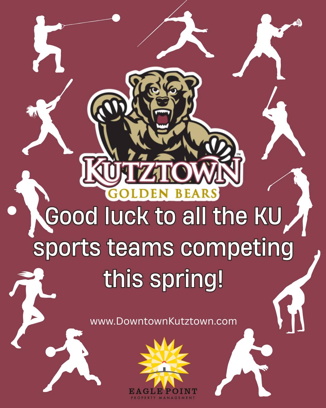 Good luck to all of athletes competing this spring season!🐻🏆 Eagle Point Management will be cheering you on! #eaglepoint #downtownkutztown #KU #goldenbears #kutztownuniversity #livehowyouwantto #EPPM #athletics #KUAthletics