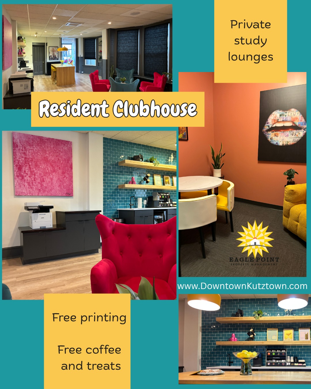 Looking for a new space to get some school work done or just hangout with friends? Stop by the clubhouse and enjoy private study rooms, free printing, arcade games, and free coffee! đâ #eaglepoint #downtownkutztown #KU #goldenbears #kutztownuniversity #livehowyouwantto #EPPM #February #college