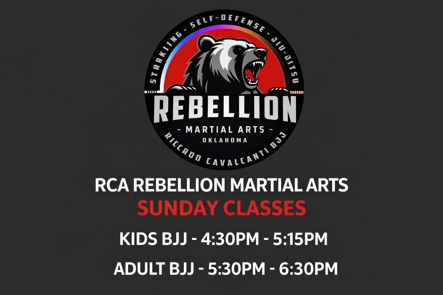 SUNDAY CLASSES!
Join the Rebellion today for our Sunday afternoon classes at our Ada (Byng) location!
Here is today's schedule:
Kids BJJ (5-13) 4:30-5:15pm
Adults BJJ (13+) 5:30-6:30pm
See you on the mats!
#JoinTheRebellion #RebellionMAOK #CavalcantiBJJ #RCABJJ #SOC #ada #duncan #oklahoma #jiujitsu #grappling #groundfighter #jiujitsufamily #keeplearning #levelup #keepgrowingkeepgoing #jiujitsulifestyle #SonsOfCavalcanti #bjj #brazilianjiujitsu #martialarts #training #selfdefense #striking #blackbeltisjustthebeginning #NOTHINGMOREIMPORTANTTHANJIUJITSU
@ricardocavalcantibjj @ricardocavalcantiacademy
Ricardo Cavalcanti Academy - Brazilian Jiu Jitsu
Cavalcanti Jiu Jitsu International Association
Ricardo Cavalcanti
