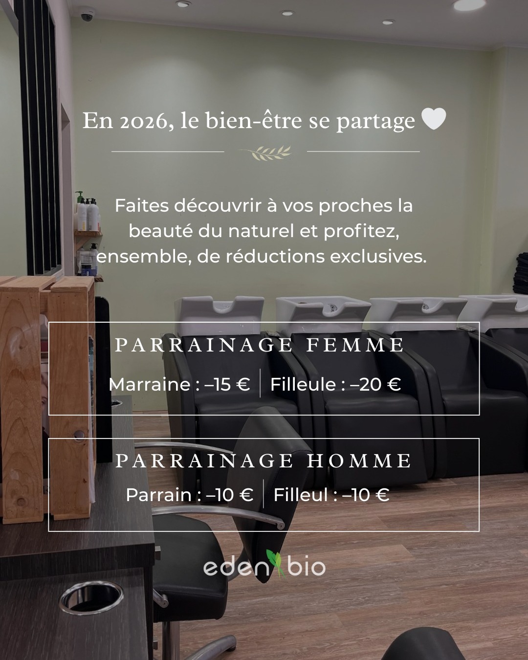 Bonne année à tous et à toutes ! ✨
Pour bien commencer 2026, et afin de vous remercier pour votre fidélité, nous lançons notre offre de parrainage. 🌿
Faites découvrir à votre entourage les bienfaits du végétal et de nos produits naturels, et profitez ensemble de réductions sur nos prestations.
Parrainage Femme :
🌸 Marraine : 15 € de réduction
🌸 Filleule : 20 € de réduction
(valable sur les colorations semi-végétales ou végétales, mèches, balayages, ombré, coupe & brushing)
Parrainage Homme
✂️ Parrain : 10 € de réduction
✂️ Filleul : 10 € de réduction
Vous n'êtes pas encore client.e ? 😢
Pas d’inquiétude, nous avons aussi pensé à vous: 10€ de réduction sur votre première visite !
N'attendez plus et prenez rendez-vous par téléphone ou via le lien en bio. 🗓️