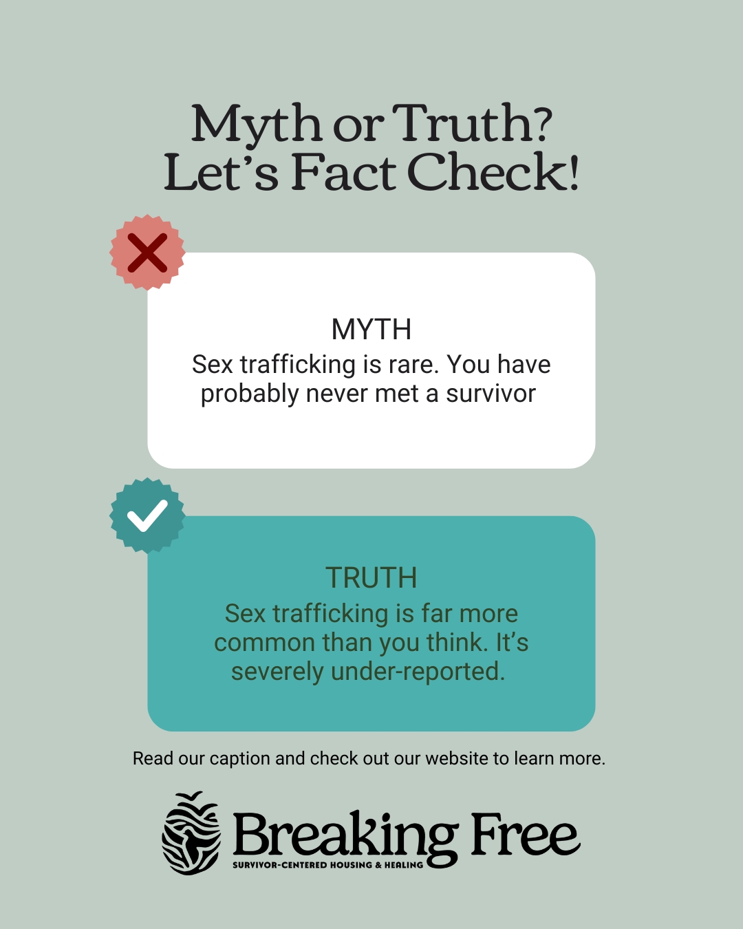MYTH: Sex trafficking is rare.
FACT: Sex trafficking is far more common, and far more underreported, than many people realize.
In the U.S. alone, more than 10,000 trafficking situations involving over 16,000 individuals were reported to the National Human Trafficking Hotline in a single year. These numbers reflect only what is reported. Many cases go unseen due to fear of arrest, retaliation, or lack of safe reporting options.
Globally, sexual exploitation is the most commonly identified form of human trafficking. At the same time, data remains incomplete, with many countries reporting few or no prosecutions. This is not because trafficking isn’t happening, but because it often goes unrecognized, unreported, or unaddressed.
Understanding the realities behind the numbers matters. When trafficking is dismissed as rare, survivors are less likely to be believed and protected.
#MythVsFact #HumanTraffickingAwareness #EndExploitation #BreakingFreeMN #SurvivorCentered #HumanRights #PreventionMatters