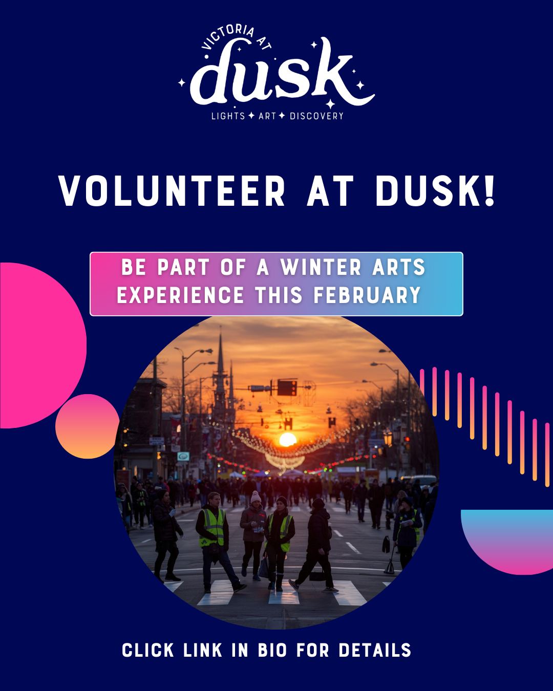 ✨ Volunteer with Victoria at Dusk! ✨
Be part of a magical journey of lights, art, and discovery through downtown Victoria this upcoming Family Day long weekend (Feb 13–15, 2026). We’re looking for enthusiastic volunteers to help bring this all-ages winter arts experience to life!
As a volunteer, you’ll:
🌟 Support wayfinding along the illuminated walking trail
🌟 Assist at the community hub and welcome visitors
🌟 Help artists and performers
🌟 Create a warm, inclusive atmosphere for all
Why join? Connect with your community, meet local artists, gain event experience, and be part of a brand-new, immersive winter event transforming downtown Victoria.
Click the link in our bio to apply or DM us!
#VictoriaBC #DowntownVictoria #YYJ
#VictoriaEvents #VolunteerVictoria #VictoriaVolunteers
#CommunityVictoria #YYJCommunity
#VictoriaArts #PublicArtVictoria #WinterArts #VictoriatDusk
#FamilyDayWeekend #SupportLocalVictoria