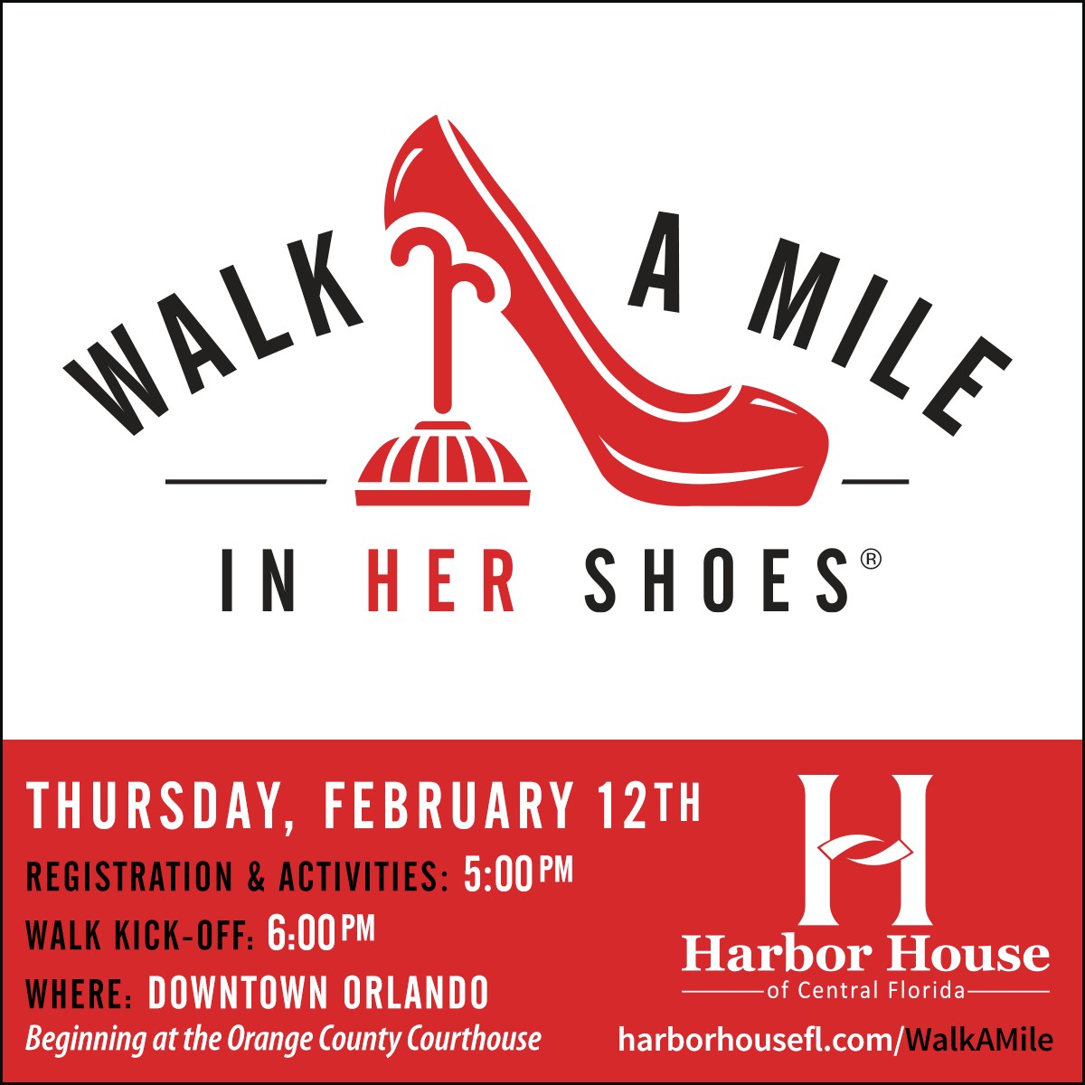 Walk A Mile In Her Shoes is back!
Join Harbor House of Central Florida on Thursday, February 12th in Downtown Orlando as we take a powerful stand against domestic violence and gender-based violence.
🕔 Registration & Activities: 5:00 PM
🚶♂️ Walk Kick-Off: 6:00 PM
📍 Starting at the Orange County Courthouse
Put yourself in her shoes—literally—and symbolically walk to raise awareness, empathy, and hope. All are welcome!👥 Want to walk with GOALcfl? Team registration info will be shared soon—stay tuned