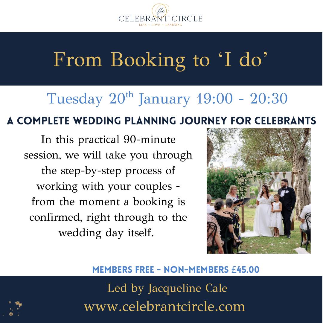 In this practical 90-minute session, we will take you through the step-by-step process of working with your couples - from the moment a booking is confirmed, right through to the wedding day itself.
Designed for both new and developing celebrants, this training module clarifies and sets out expectations, strengthens your workflow, and gives you the confidence to guide your couples in the build-up to their big day.
By the end of the session, participants will have a practical framework they can apply immediately to create seamless, well-structured and beautifully personalised wedding ceremonies for every couple they work with.
An excellent development session for wedding celebrants.
Book now - FREE for members.
Membership applications open, via our website
#weddingcelebranttraining
#celebrantsupport
#celebrantadvocate
#bestcelebrants