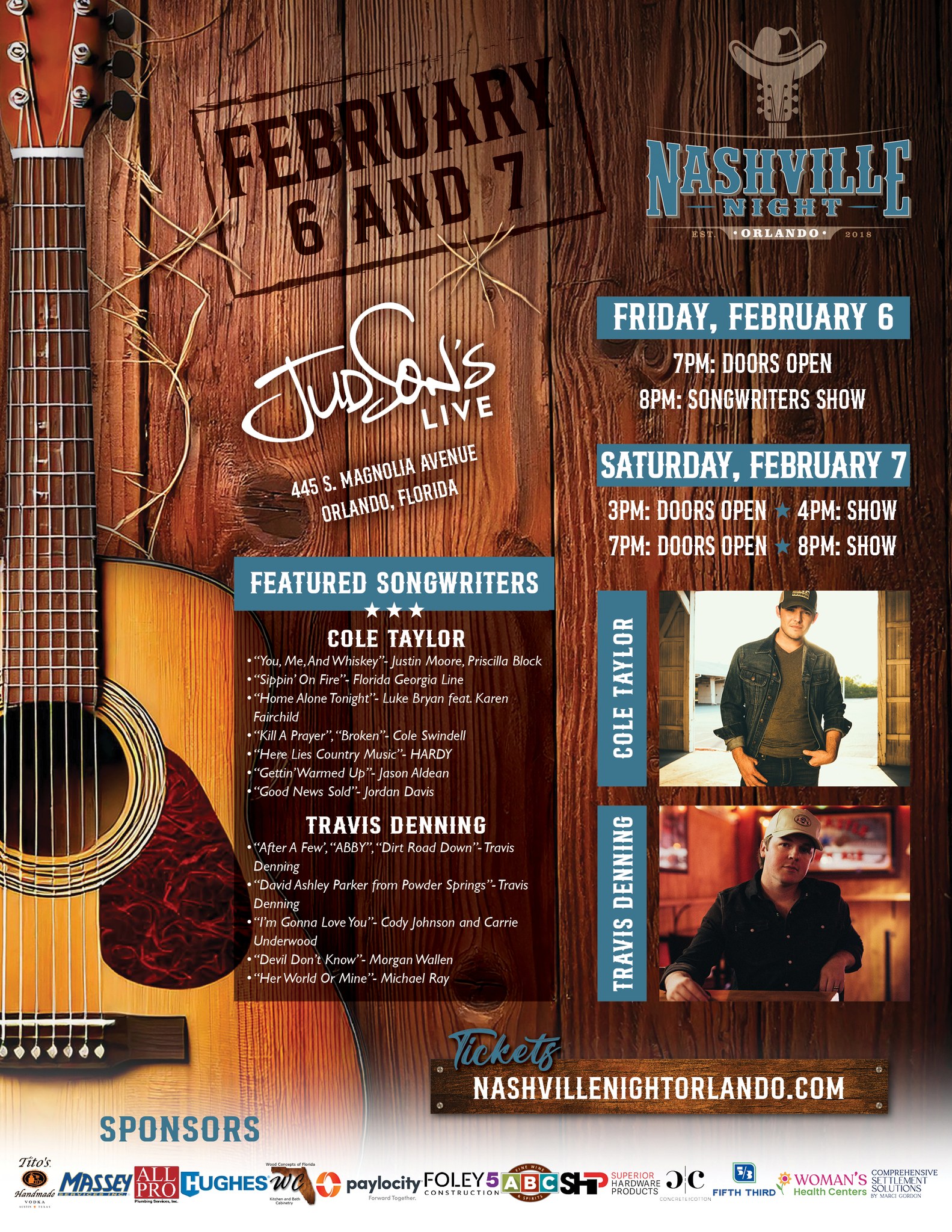 Nashville Night In Orlando is ready to see y'all February 6/7 (yep, six.. seven).
Tickets go live tomorrow at 12noon! Use Pre Show code NASHVILLE to access early before Friday general public.
TICKET LINK- www.nashvillenightorlando.com
@judsonslive
Judson’s Live
Dr. Phillips Center for the Performing Arts
@drphillipsctr