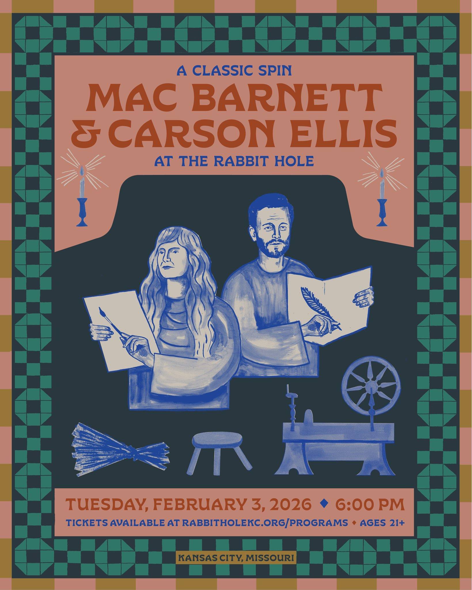 On February 3, we're hosting picture book legends Mac Barnett and Carson Ellis on for a special adults-only evening presentation and conversation celebrating their hot-off-the-press retelling of the classic tale, Rumpelstiltskin.
The evening will feature Barnett and Ellis in conversation, a presentation and reading, a Q&A, and a book signing. Each individual ticket purchase for this 21+ event includes a copy of Rumpelstiltskin and one drink ticket.
More info and RSVP at rabbitholekc.org/programs
