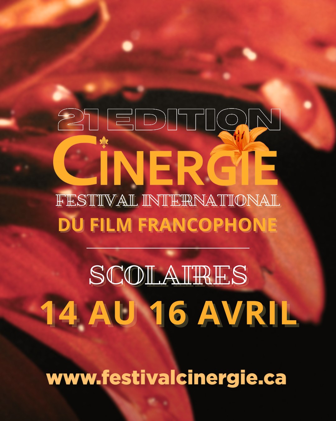Le festival CINERGIE en est à sa 21ᵉ édition cette année 2026 ! 🤩
Nous vous présentons aujourd’hui l’identité visuelle de l’édition 2026 ainsi que les dates officielles ! 🌟
Le volet SCOLAIRE du festival se tiendra du 14 au 16 avril 2026 au Roxy Theatre, à Saskatoon. 🙌
Plus d’informations concernant les inscriptions et les films scolaires seront partagées prochainement ! 📅