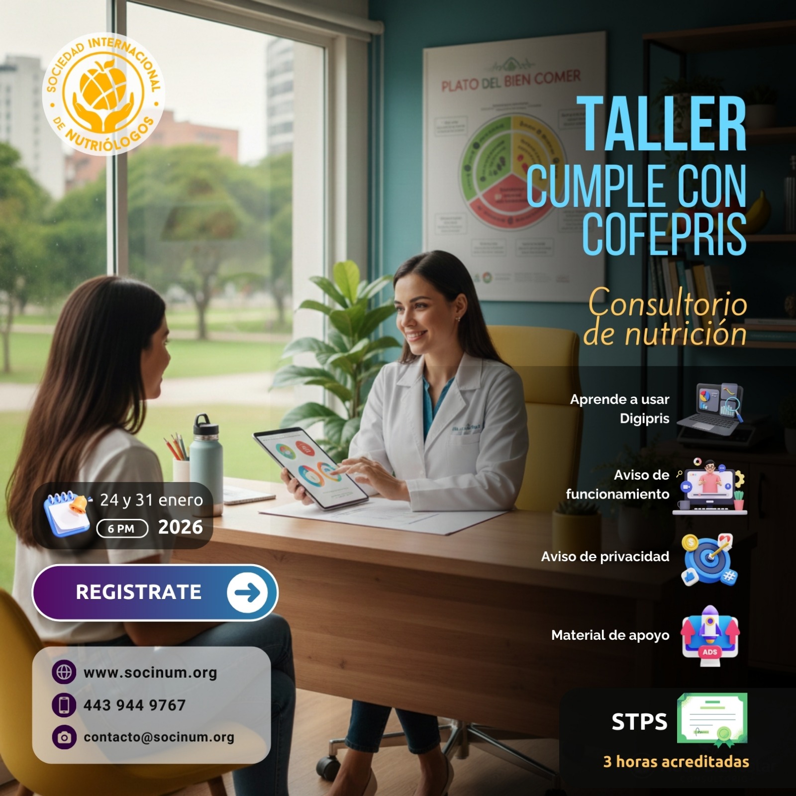 ¡Atención, colegas nutriólogos! 📢🍎 ¿Tu consultorio ya cumple con Cofepris?
Evita sanciones y formaliza tu práctica en nuestro próximo Taller: Cumple con COFEPRIS, diseñado específicamente para tu consultorio de nutrición.
⭕️Digipris: Domina el uso de la plataforma digital.
⭕️Aviso de Funcionamiento: Tramita y actualiza tu documentación correctamente.
⭕️Aviso de Privacidad: Protege la información de tus pacientes legalmente.
⭕️Material de Apoyo: Recibe recursos exclusivos para tu implementación.
💎 BENEFICIO EXCLUSIVO
¡Sé de los primeros 10 en inscribirte y obtén un 30% DE DESCUENTO!
Cupón: SOCINUM30
Cuota regular: $600.00 MXN.
Para socios activos: Gratis
Inscripción (primeros 10): ¡Solo $420.00 MXN!
🌐 Registro: https://www.socinum.org/event-details/taller-cumple-con-cofepris-2026-01-24-19-00
WhatsApp: 443 944 9767
Email: contacto@socinum.org
#NutriólogosMéxico #COFEPRIS #ConsultorioExitoso #SOCINUM #CapacitaciónNutrición #STPS