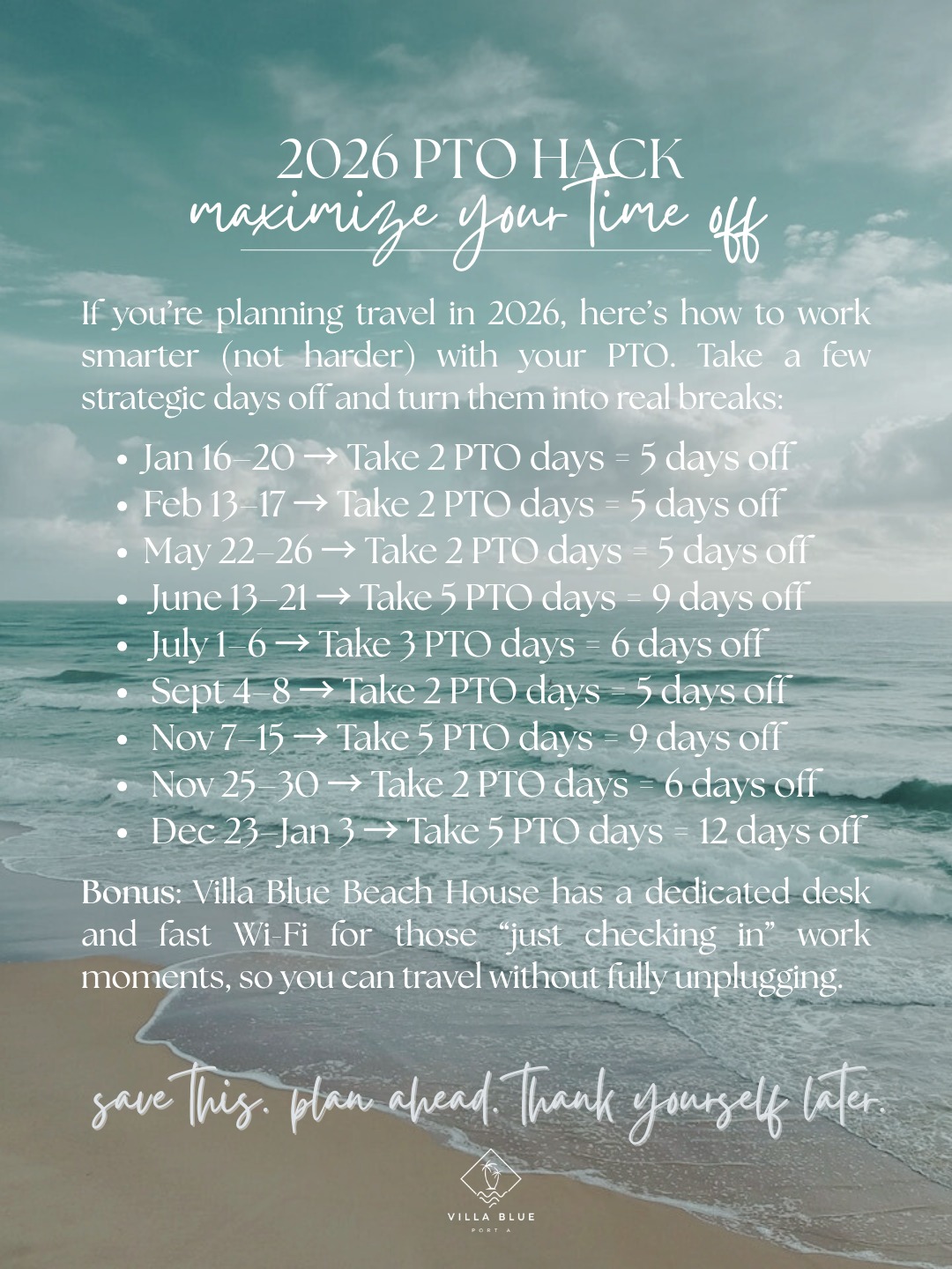 Work smarter. Travel longer.
A few well-timed PTO days can turn into real breaks, the kind with beach mornings, slow afternoons, and just enough Wi-Fi to stay connected if you need to.
Save this for later and start planning 2026 now. đ
#PortAransas #TexasCoast #PortAGetaway #VisitPortAransas #VillaBlue #PortAransasStay #VillaBluePA #SummerByTheSea #BeachHouseLife #StayinPortA