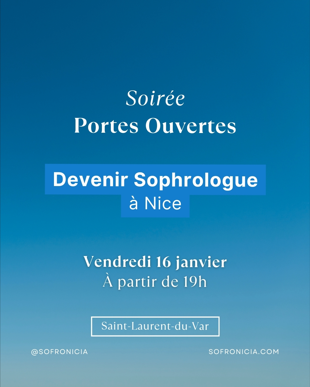 Et si cette nouvelle année marquait le début de votre projet pour devenir sophrologue ? L’école Sofronicia, située à Saint-Laurent-du-Var, vous ouvre ses portes le vendredi 16 janvier à partir de 19h pour une soirée portes ouvertes conviviale, inspirante et informative.
Cette rencontre est une invitation à :
- Prendre un temps pour vous en ce début d’année
- Découvrir notre école et son approche de la sophrologie caycédienne
- Vous projeter sereinement dans un projet de formation porteur de sens, au service de l’accompagnement humain
- Vous informer sur les prochaines rentrées de formation en formules semaine (lundis et mardis) ou week-end à Nice, prévues au mois de mars
📍 Lieu : Sofronicia, 40 boulevard Jean Ossola, 06700 Saint-Laurent-du-Var
📅 Date : Vendredi 16 janvier
🕖 Horaire : 19h
💬 Événement gratuit – sur inscription
Pourquoi participer ?
Un moment d’échange privilégié pour poser vos questions, rencontrer l’équipe et envisager la suite de votre parcours professionnel en toute clarté.
👉 Inscription obligatoire – places limitées
📧 ecole@sofronicia.com
📞 06 84 70 51 29
🌐 www.sofronicia.com
#sofronicia #formationsophrologie #devenirsophrologue #sophrologienice