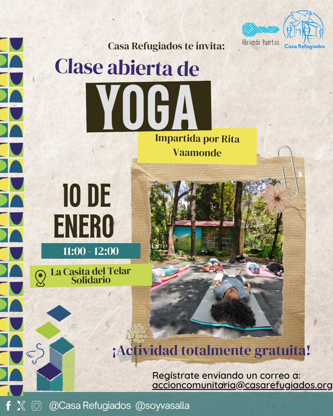 Arrancamos en el 2026 con este espacio para bajar el ritmo y reconectar con el cuerpo.
A través del yoga comunitario, nos encontramos para cultivar bienestar, presencia y cuidado mutuo, en un ambiente seguro y acogedor para personas en movilidad y comunidad cercana.
Sábado 10 de enero
11:00 a.m.
La Casita del Telar Solidario
Un momento para habitar el cuerpo con calma y compartir desde lo colectivo.
