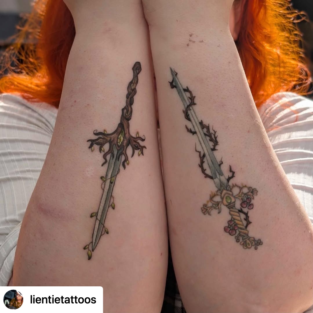 @lientietattoos Couple of sword tattoos ⚔️ Right is healed and we just added the thorns, left is new. Idea was to add the other one to make it life and death swords, but more nature style. I always have fun tattooing swords, thanks again @_life_of_river_ !