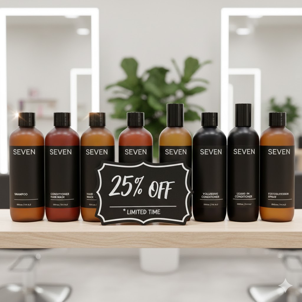 Stop in and shop our SEVEN haircare.
For a limited time, receive 25% SEVEN hair care products, limited supplies.