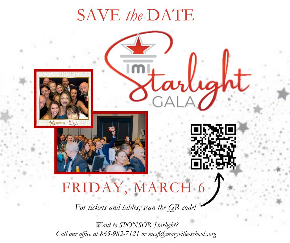 Our annual Starlight Gala is March 6th! We would love to have you join us!
For tickets, please visit: https://givebutter.com/c/3QT7Gy
For sponsorship information, please email: mcsf@maryville-schools.org or call 865.982.7121
@maryvilleschools @maryvillejrhigh maryvillehigh @coultergrove @montgomeryridge @foothills_elementary_school @sam.houston.elementary