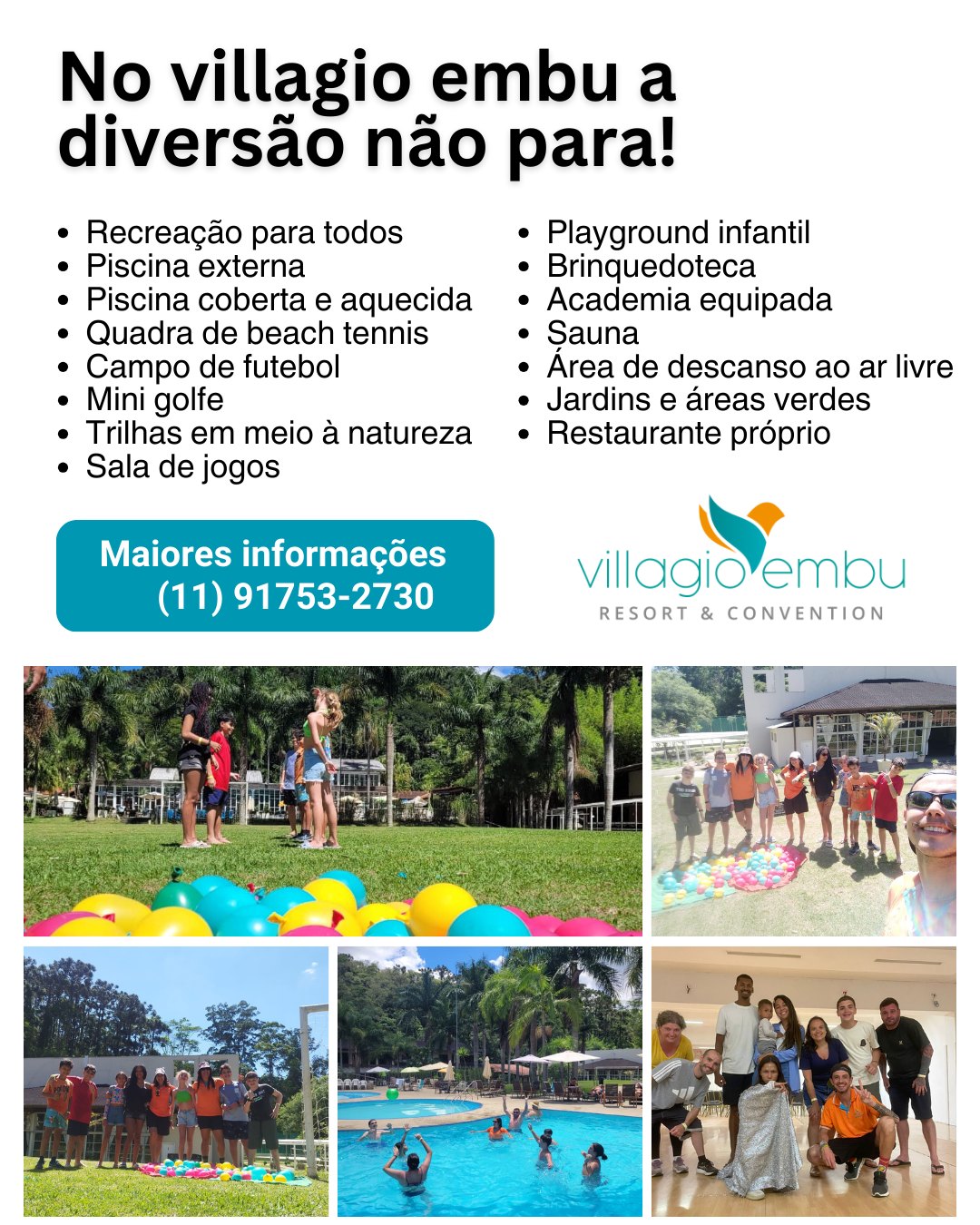 ✨ Descubra tudo o que te espera no Villagio Embu!
Aqui, o descanso encontra a diversão em uma estrutura completa de lazer pensada para todas as idades 💚
🏊♀️ Piscinas externa e aquecida
🎾 Quadra de beach tennis
⚽ Campo de futebol
⛳ Mini golfe
🧸 Brinquedoteca e playground
🎮 Sala de jogos
🌳 Trilhas em meio à natureza
🧘♀️ Espaço para bem-estar e relaxamento
🍽 Restaurante e bar da piscina
Seja para curtir com a família, relaxar a dois ou reunir quem você gosta, o Villagio Embu é o lugar perfeito para viver momentos especiais ✨
👉 Ainda dá tempo de fazer sua reserva!
#VillagioEmbu #ResortPertoDeSP #LazerParaTodaAFamília #FinalDeSemanaPerfeito #DescansoEDiversão #HotelComLazer #AindaDaTempo 💚🏨🌿
