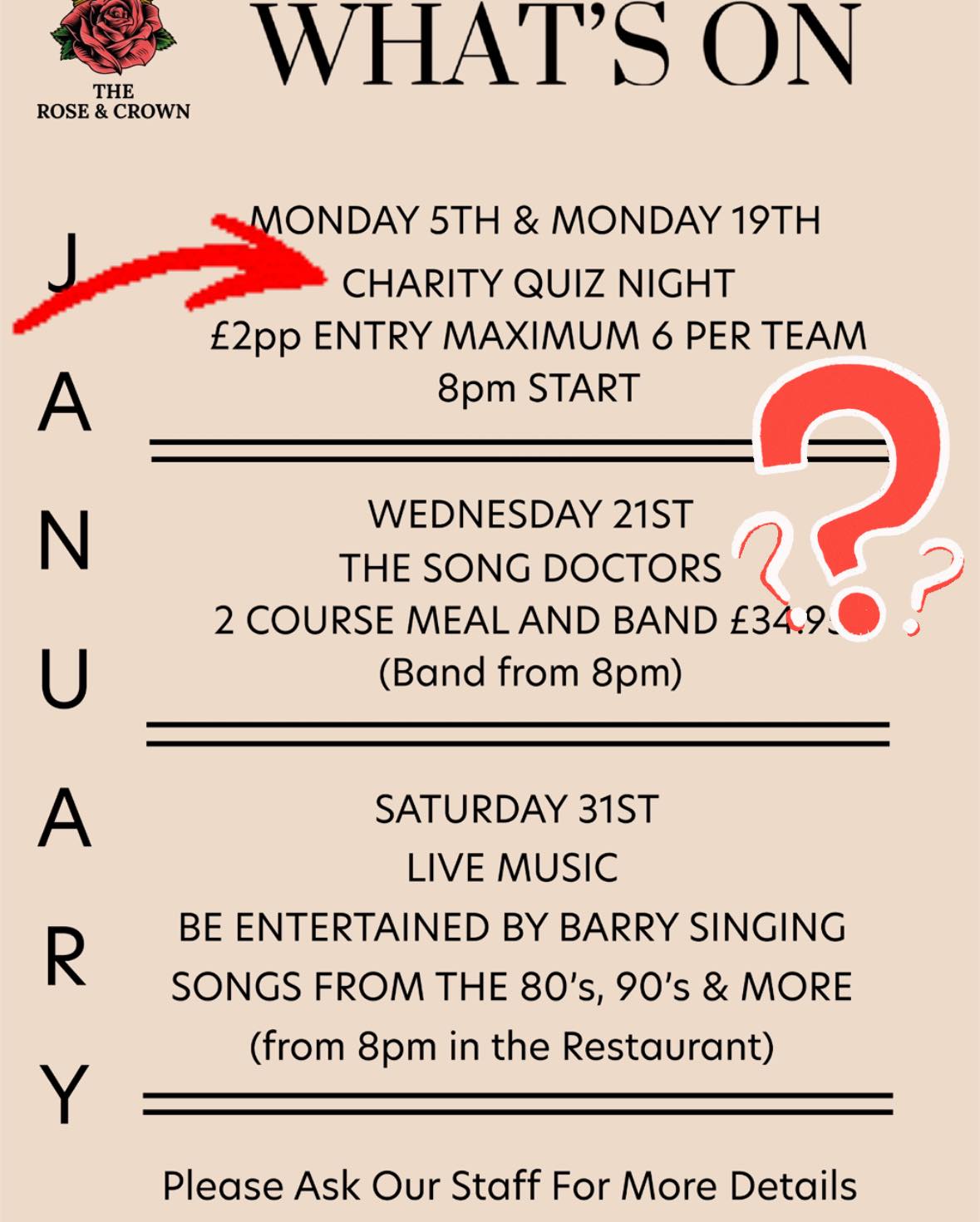 🧠🍻 PUT YOUR THINKING CAPS ON, BRENTWOOD 🍻🧠
It’s QUIZ NIGHT this Monday at The Rose & Crown 🌹👑
£2 per person to play — and yes, it’s for charity, so you can feel clever and kind 💛
Expect:
✔️ Questionable knowledge
✔️ Competitive teammates
✔️ At least one argument over “that was definitely the answer”
All for a good cause… and bragging rights, obviously 😏
📞 Call to book: 01277 410805
Come for the quiz, stay for the laughs (and the drinks).
#RoseAndCrownBrentwood #QuizNight #PubQuiz #MondayMotivation #QuizForCharity #BrainsAndBeers #BrentwoodEvents #SupportCharity #TeamNamePending 🧠🍺