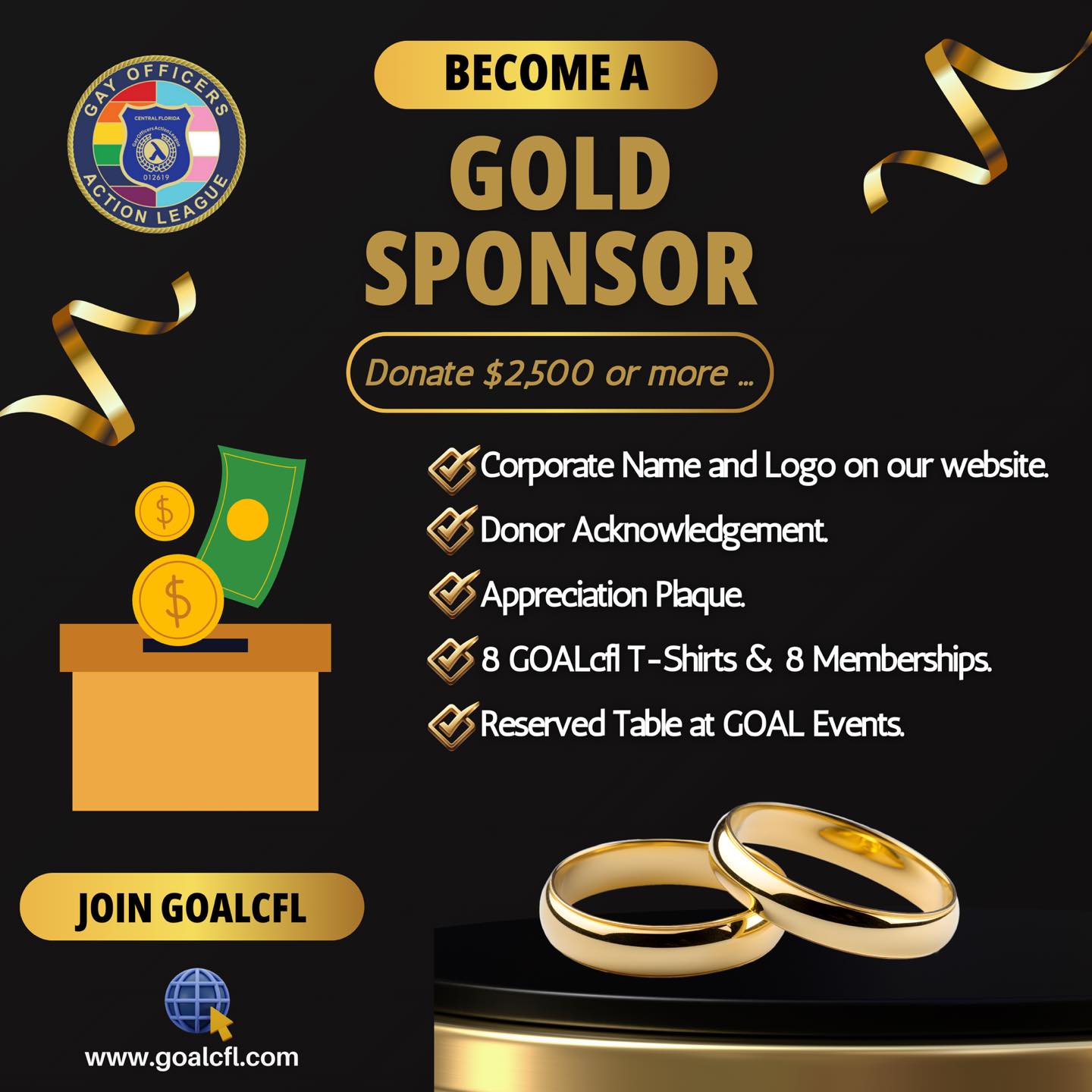 Become a Sponsor!! #GOALcfl 🌈🚔
🥇Here is our $2,500 Gold Package … visit: www.GOALcfl.com for more info.