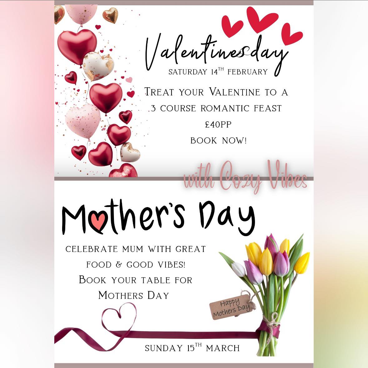 Two special days deserve something special 💕
Treat your Valentine or spoil Mum with great food & cozy vibes ✨
💖 Valentine’s Day | 🌸 Mother’s Day
📖 Book now