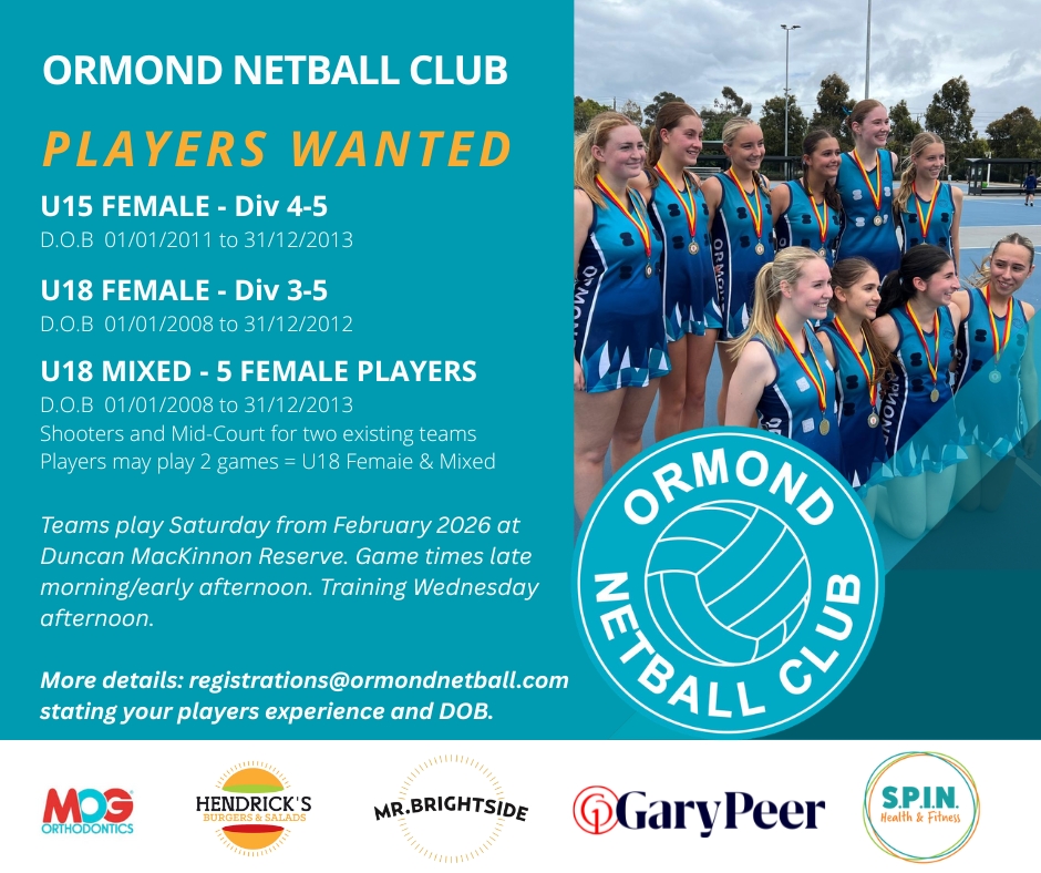 Hello 2026! Ormond Netball Club is ready for another action-packed year â and weâre on the lookout for players for our U15 & U18 teams.
Great coaches, supportive teams, and a strong community vibe.
Tag a friend, share the post, or drop an email to registrations@ormondnetball.com to join the fun!
@mogortho @cafe_brightside @garypeer @spin_hf @hendricks_burgers