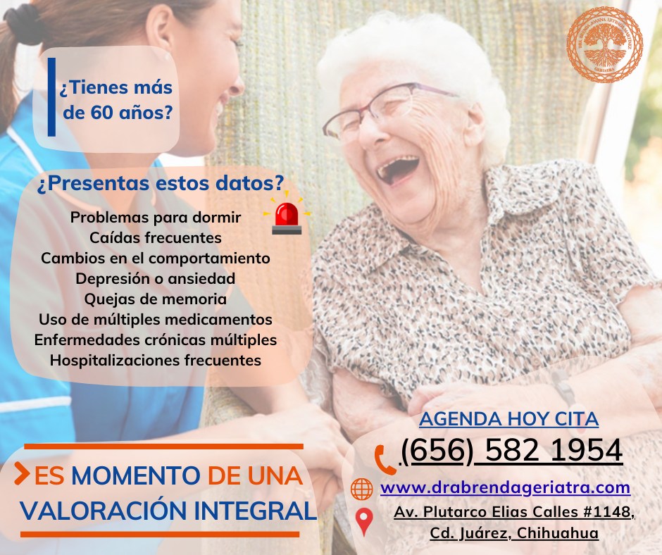 👵👴 El médico geriatra es el especialista indicado para prevenir, diagnosticar y tratar enfermedades en la persona mayor, priorizando siempre su bienestar físico y emocional.
⚠️ ¿Te identificas con alguna de estas situaciones o las notas en un familiar mayor?
❓ Problemas para dormir
❓ Caídas frecuentes
❓ Cambios en el comportamiento
❓ Depresión o ansiedad
❓ Quejas de memoria
❓ Uso de varios medicamentos
❓ Enfermedades crónicas
❓ Hospitalizaciones frecuentes
🧠 Estos NO son cambios normales del envejecimiento.
👉 Pueden indicar la necesidad de una valoración geriátrica integral.
🕰️ Se recomienda acudir al geriatra a partir de los 60 años, incluso si te sientes bien, para prevención y orientación.
📞 Agenda tu valoración: (656) 582 1954
👩🏻⚕️ Dra. Brenda Joanna Estrada Martínez
📍 Ciudad Juárez, Chihuahua
📲 IG: @dra.brenda_estrada