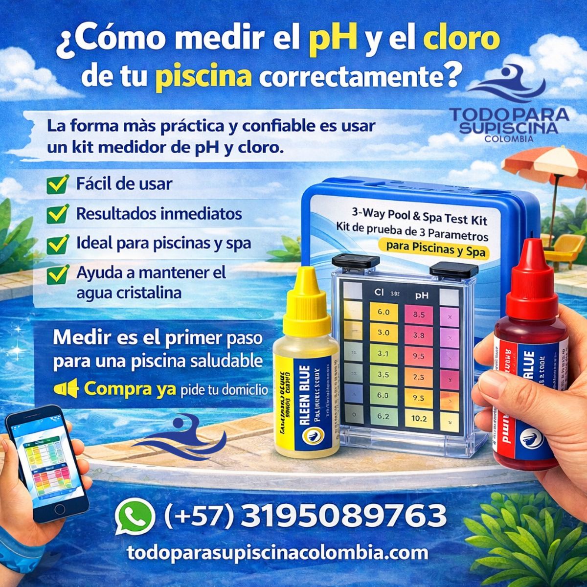 📌 Mide siempre pH y cloro
pH correcto = cloro efectivo
Cloro ideal = agua segura 💧
Piscina limpia, saludable y sin problemas ✔️
Mantener el pH y el cloro en niveles correctos es clave para una piscina segura y cristalina.
🔹 pH ideal: 7.2 – 7.6
🔹 Cloro recomendado: 1 – 3 ppm
✔️ Protege la salud
✔️ Evita agua verde o turbia
✔️ Cuida tus Equipos Para Piscina, Hidromasajes y más
📲 Mide, controla y disfruta tu piscina como debe ser, compra en línea o solicita tu kit con nosotros 3195089763.
#Piscinas #MantenimientoPiscina #pH #Cloro #AguaCristalina #TodoParaSuPiscinaColombia