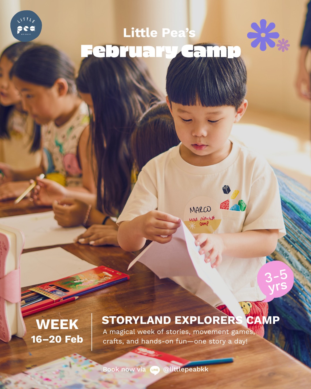 📖🌈 You asked. We answered! A new chapter of Storyland Explorers Camp begins in February! We’ve added a playful twist to the tales, crafts, and songs that make the beloved books by Eric Carle and Julia Donaldson come alive. Each day highlights a different story! Campers will explore literacy-based activities that spark language and comprehension skills through play-based learning. Let’s have a blast with books! 🎨
16 – 20 Feb
📚 (3 - 5 yrs) Storyland Explorers Camp
💥 Book now via Link in Bio or Line @littlepeabkk
____________
📖🌈 กลับมาตามเสียงเรียกร้อง! Storyland Explorers Camp เปิดบทใหม่ในเดือนกุมภาพันธ์นี้ เราเติมลูกเล่นสนุก ๆ ให้กับนิทาน งานคราฟต์ และบทเพลง จากหนังสือสุดโปรดของ Eric Carle และ Julia Donaldson ให้เรื่องราวมีชีวิตขึ้นมาในแบบของ Little Pea ✨ แต่ละวันเด็ก ๆ จะได้พบกับนิทานคนละเรื่อง พร้อมสนุกกับกิจกรรมเสริมทักษะภาษาและการเข้าใจเรื่องราว ผ่านการเรียนรู้แบบ play-based learning ที่ทั้งสนุกและสร้างแรงบันดาลใจ 🎨
📅 16 – 20 กุมภาพันธ์
📚 Storyland Explorers Camp (3 - 5 ปี)
💥 จองเลยผ่าน Link in Bio หรือ Line @littlepeabkk
____________
#LittlePeabkk #LittlePea #theCOMMONSbkk #LittlePeaFebruaryCamp