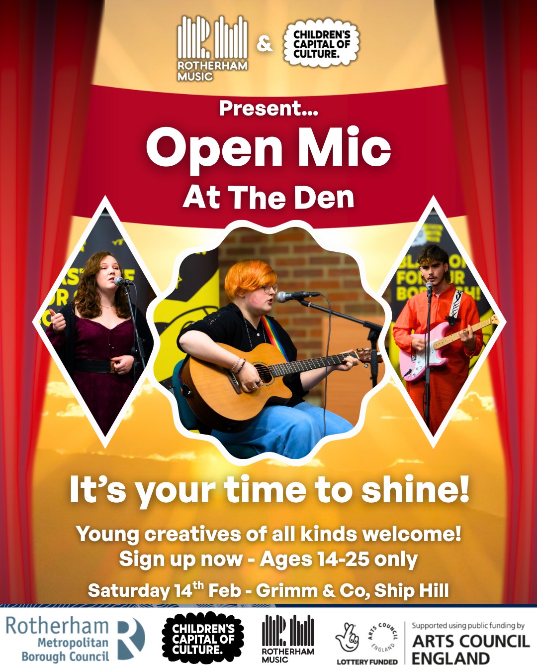 The Rotherham Music x Children's Capital of Culture Open Mic is back!
Thanks to the popularity of the Open Mic events we held last year, we're bringing them back for 2026, starting at the Grimm & Co building on 14th February.
We'll be upstairs in The Den from 6pm-8pm for an evening of entertainment from Rotherham's young talent.
Our Open Mics are open to all, not just musicians, we also welcome spoken word artists, comedians, actors, and more.
Open to ages 14-25 only.
Sign up with the link below:
https://forms.office.com/e/W1TukcdF61
@childrenscapitalofculture #rotherham #rotherhammusic #creative #creativity #youngpeople #music #RotherhamIsWonderful #fyp #musicians #liveperformance #thingstodo #Singing #musicopportunity #freeevent #localartists #freeexperience #ccoc #childrenscapitalofculture #youngperformers #talentshowcase #applications #openmic #freeactivities #callout #spokenword #poetry #poetrycommunity #actors