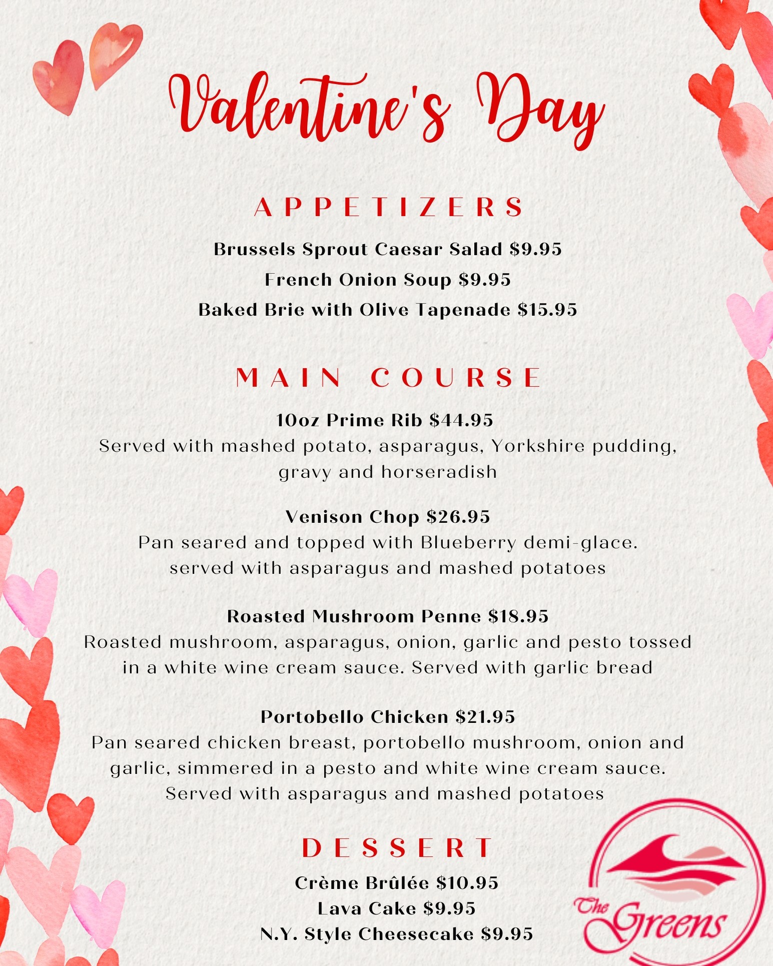 This Valentineโs Day, treat your special someone to an exclusive menu featuring appetizers, entrรฉes, desserts, and wine specials you wonโt find on our regular menu ๐
Seatings available from 5โ8 PM | Reservations required
Call 519-426-3308 ext. 2 to reserve today!
