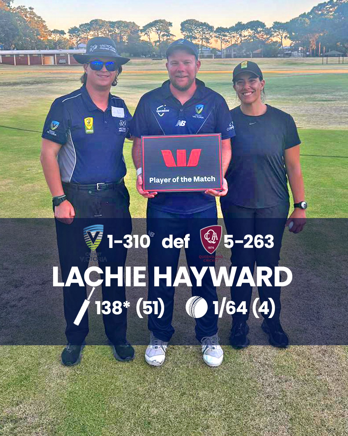 Incredible to see multiple B1 players achieve centuries in the BLV NCIC comp including our own Lachie Hayward who earned the Westpac Player of the Match for this 138* run score and topping it off with a beautiful wicket taking out QLD's Sean Kendrick's (another B1 with over 100 runs!) middle stump.
Final round against ACT today at 12:30pm AEST.
Find the YouTube viewing link in our profile above.
#govics🔵⚪️
Image description: Lachie holding a Westpac player of the match placard with match umpires standing either side of him. Cricket oval in the background.