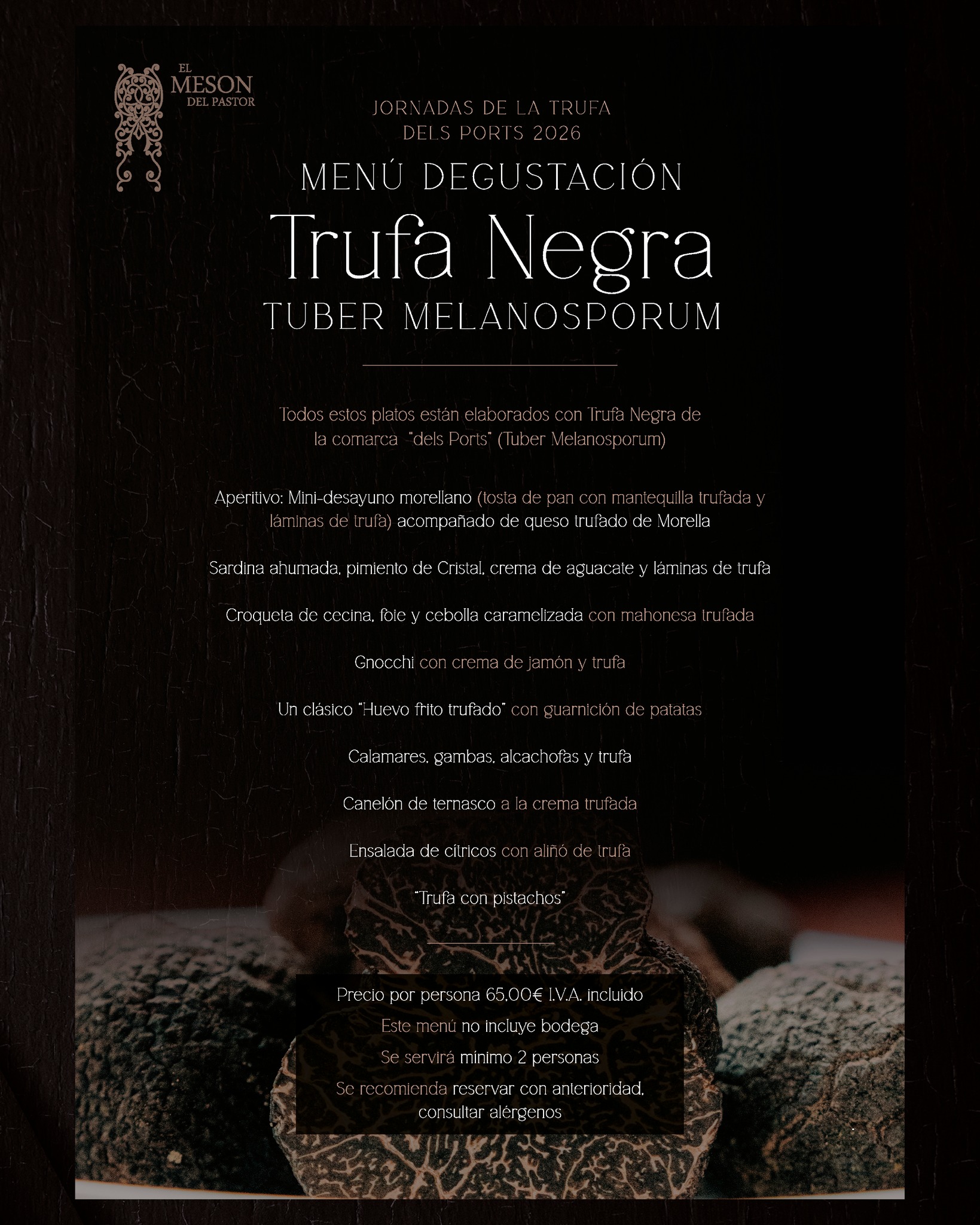 LLEGA LA TEMPORADA DE LA TRUFA ✨🍽️
Hay sabores que solo se disfrutan una vez al año… y este es uno de ellos.
Arranca nuestro Menú de la Trufa, una propuesta pensada para saborear con calma el producto más emblemático del invierno, directamente desde nuestro territorio a la mesa.
📆 Del 24 de enero al 15 de marzo
📲 Reservas en el 964 160 249
#mesondelpastor #morella #elsports #bibgourmand #trufanegra #tubermelanosporum