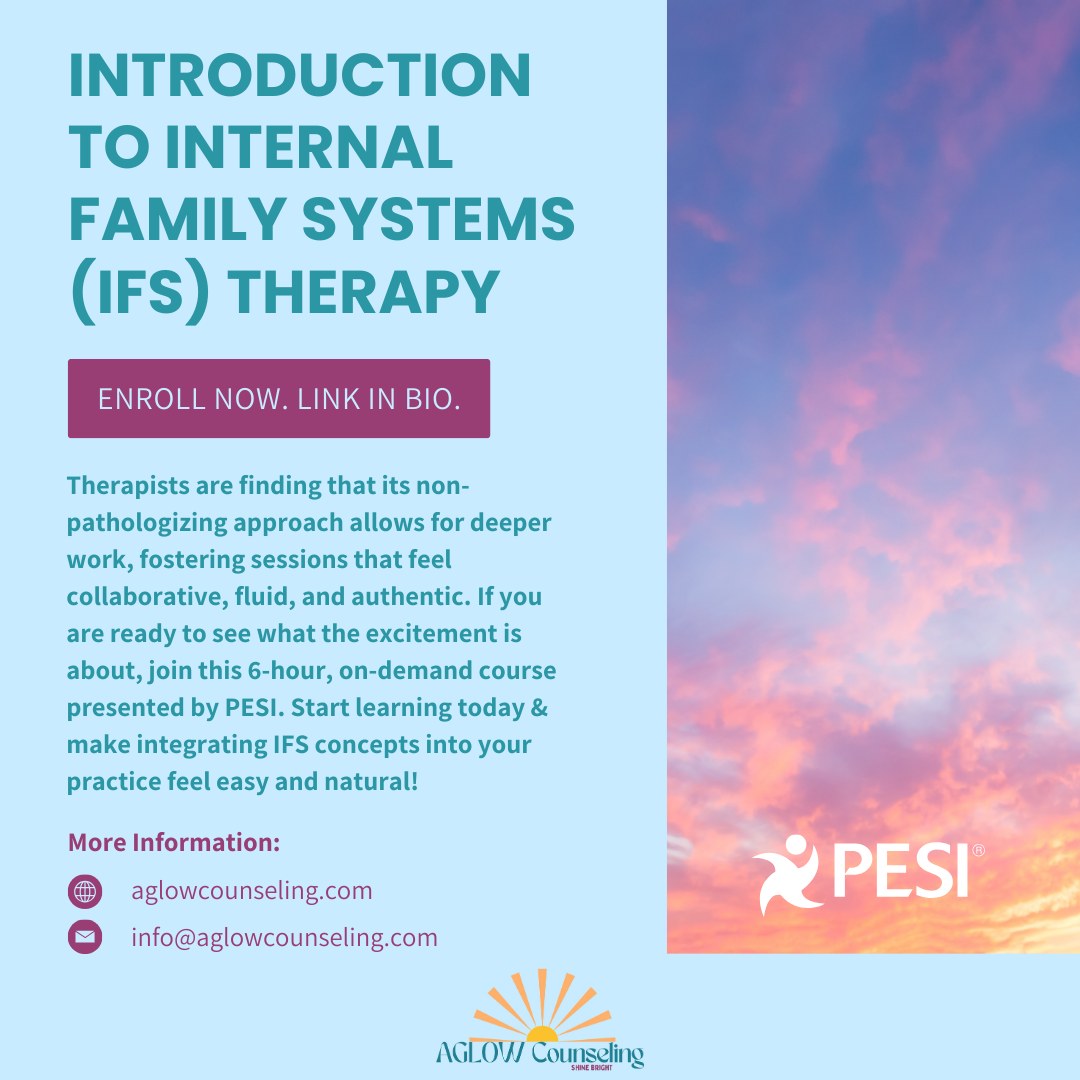 🗣️✨The buzz around IFS-inspired parts work is undeniable—and well-deserved.
Therapists are finding that its non-pathologizing approach allows for deeper work, fostering sessions that feel collaborative, fluid, and authentic. If you are ready to see what the excitement is about, join me for PESI’s 6-hour, on-demand course: “Introduction to Internal Family Systems (IFS) Therapy.”
Start learning today & make integrating IFS-inspired concepts into your practice feel easy and natural! 🔗 Link in bio.
Disclaimer: This product is not endorsed by, sponsored by, or affiliated with the IFS Institute and does not qualify for IFS Institute credits or certification.
#AglowCounseling #IFSInspiredPartsWork #TraumaInformed #ContinuingEducation #TherapistTools