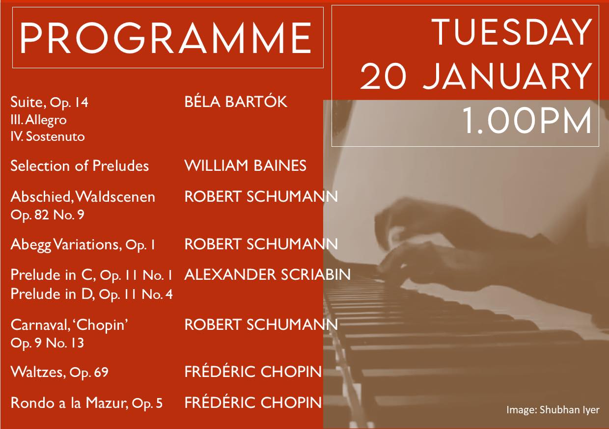 Our next Tuesday recital is on 20th January at 1.00pm when we welcome London based concert pianist, accompanist and educator Shubhan Iyer to St Paul’s Church. Shubhan completed his BMus at the University of Huddersfield and later studied via scholarship at Chetham’s International Piano Summer School. He is a prize winner of the Craxton Memorial Trust in 2025 and now divides his time between teaching and busy season of concerts for 2026.
Tuesday’s recital by Shubhan offers concertgoers a lively programme of pieces by Bartok, Baines, Schumann, Scriabin and Chopin…full details are in the slide.
All are welcome to join us at St Paul’s Church for this free recital, which has a retiring collection, suggested minimum donation £5. Your donations support musicians expenses and the church fund.
Collect your copy of the spring term programme from church and see our website and social media pages to be kept up to date with what’s on at St Paul’s!
The Concert Team
(Registered Charity 1134614)