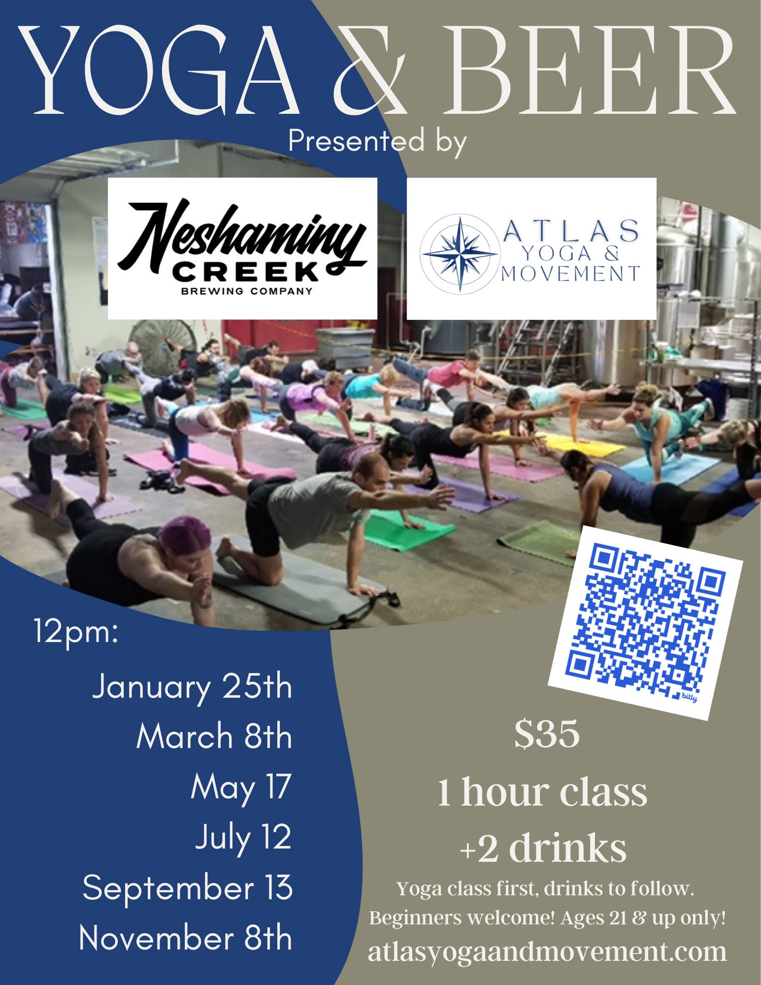 Is this a real yoga class or more of a fun event?
Both. 🧘♀️🍺 Our Yoga & Beer on Jan 25th at noon offers a thoughtfully guided Vinyasa Flow that’s grounding and energizing — balanced with the fun of practicing in a new space and socializing afterward. Come for the movement, stay for the community.
Learn more & register here:
www.atlasyogaandmovement.com