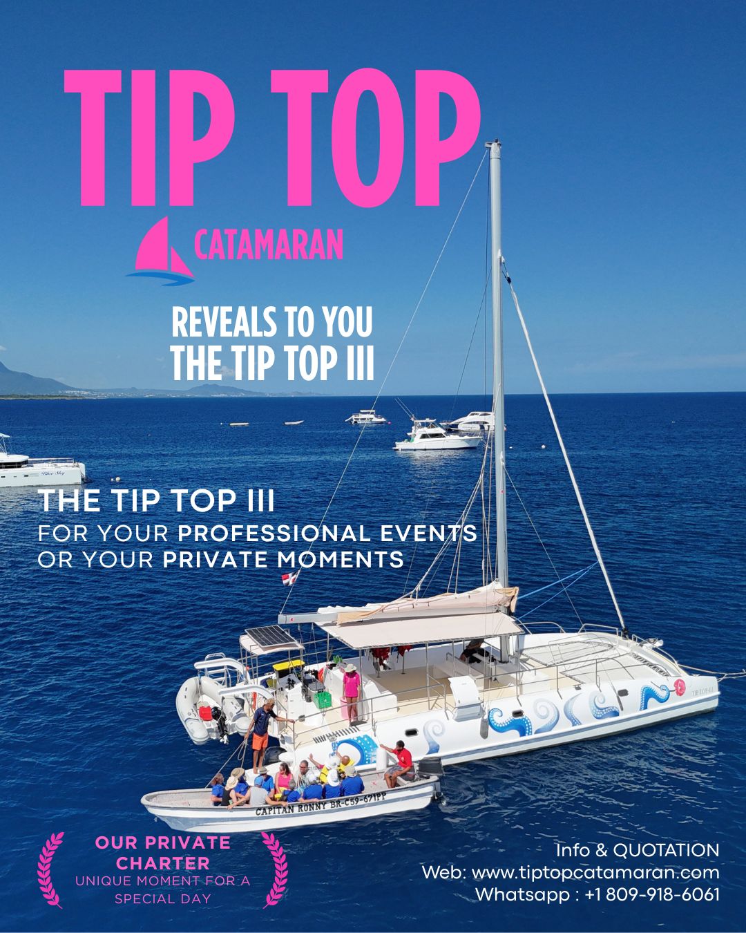 ⛵️Tip Top Catamaran still has surprises in store for you !
🛟 For your private or professional events, we are offering you our brand new Tip Top III, fresh from the factory, just for you !
📅 Get more information about our private charters ⛵
📲 WhatsApp + 809 - 918 - 6061
🌐 on our website www.tiptopcatamaran.com
#privatecharter #businessevent #sosuabeach #tiptopcatamaran #beautifulholidays❤️