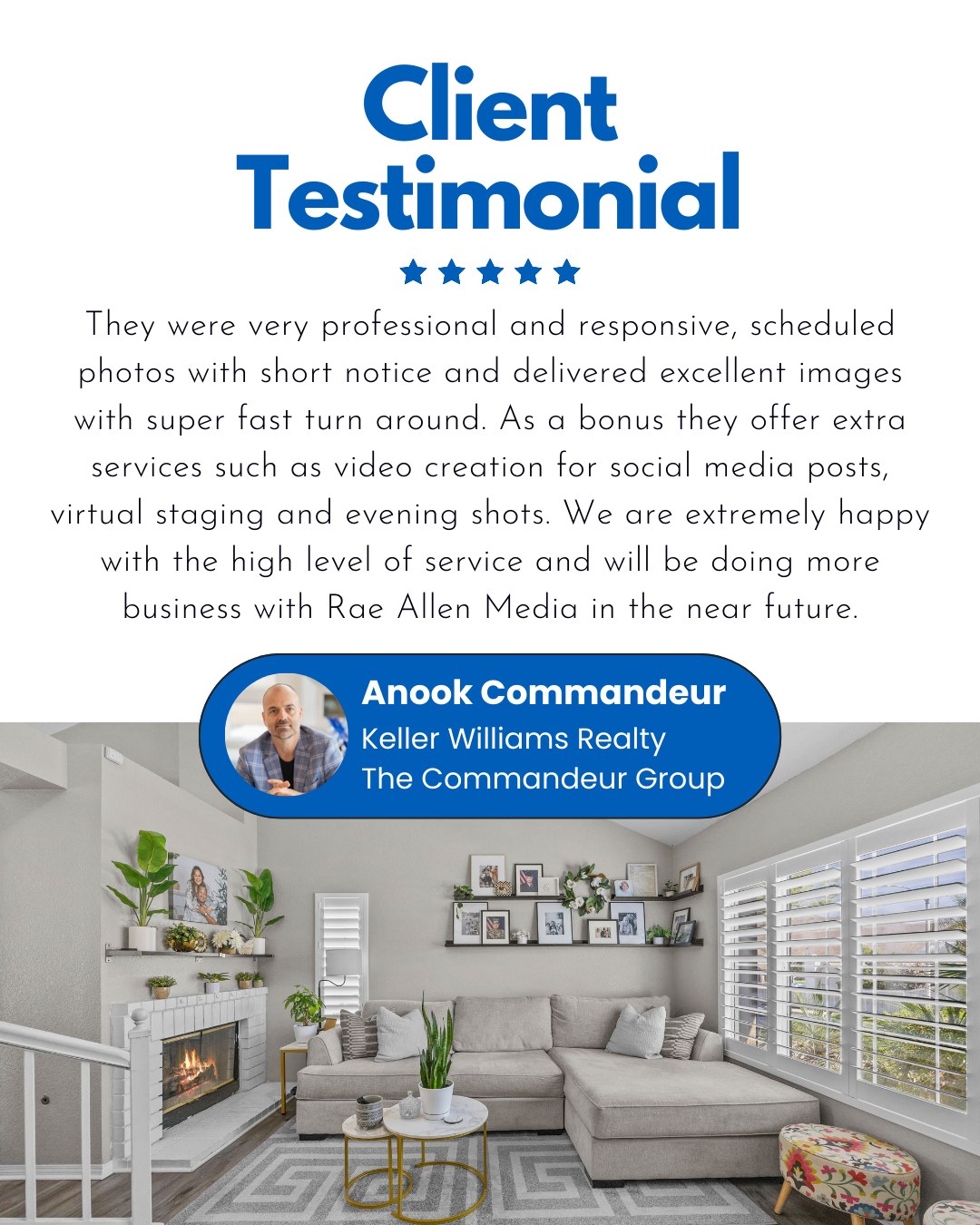 Testimonial Tuesday 🏡✨
Anook’s listing sold and we were honored to be part of the journey. From fast turnaround to standout photos, video and virtual staging, his kind words remind us why we love what we do.
If you are a listing agent who wants smooth scheduling, beautiful marketing and results that help your homes stand out, we would love to work with you.
Let’s get your next listing sold 📸
Rae Allen Media