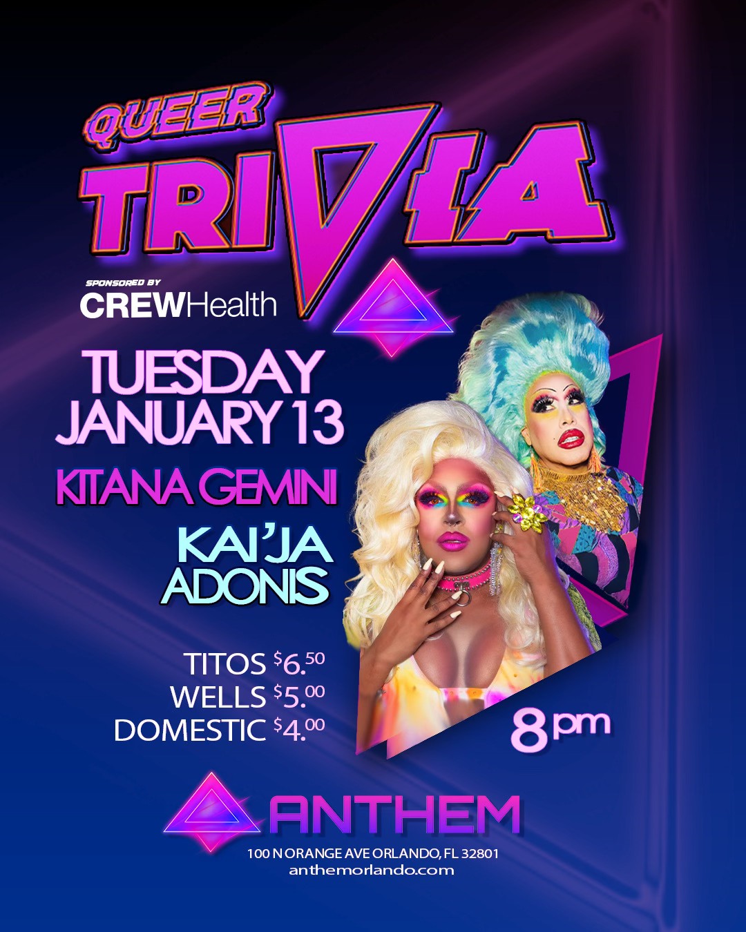 QUEER TRIVIA AT ANTHEM ORLANDO: Get ready for a fabulously unhinged night of laughs, competition, and queer brilliance at Queer Trivia at Anthem Orlando.
This weekly favorite brings together sharp minds, bold personalities, and unapologetic LGBTQ+ energy for a trivia night that is anything but basic. Hosted by the dynamic duo Katana Gemini and Ka’Ja Adonis, Queer Trivia blends pop culture, queer history, music, drag antics, and unexpected twists that keep the room loud, playful, and competitive.
Whether you are coming to win, to scream answers with your friends, or just to sip cocktails and enjoy the chaos, this is one of the most fun Tuesday night events in Downtown Orlando. Expect drag performances, crowd interaction, shady humor, and prizes worth playing for.
Sponsored by CREW Health, Queer Trivia at Anthem is a celebration of community, connection, and cleverness, all wrapped in Anthem’s signature lighting, sound, and nightlife atmosphere.
Teams are encouraged, outfits are welcomed, and attitude is mandatory.
Drink Specials
• Tito’s Vodka $6.50
• Wells $5.00
• Domestic Beers $4.00
Why You Should Be There
• One of the most popular LGBTQ trivia nights in Orlando
• Hosted by local drag favorites
• Affordable drink specials all night
• Perfect for groups, dates, and after-work fun
• Located in the heart of Downtown Orlando
Good to Know
• 21+ Event
• Seating and standing room available
• First come, first served
• Bring friends and arrive early for the best spots— at Anthem Orlando #GOALcfl #Repost