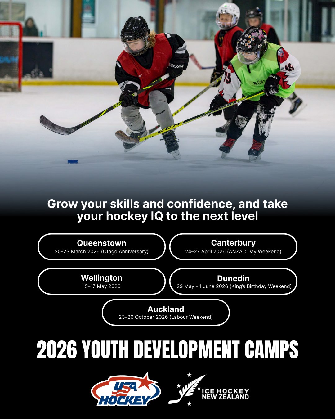 WIHA Coaches — this one’s for you.
All coaches are strongly encouraged to register to attend the Wellington youth development camp.
If you’re aiming to coach our rep teams or you’re one of our head/key youth coaches, we’d love to see you at the Christchurch and Auckland camps as well. With USA Hockey in attendance, this is a rare chance to learn, connect, and level up your coaching toolkit.
Let’s keep raising the bar for our players and our programme.
Coach Registrations: https://forms.gle/4auuru1ebdSfxUbr5