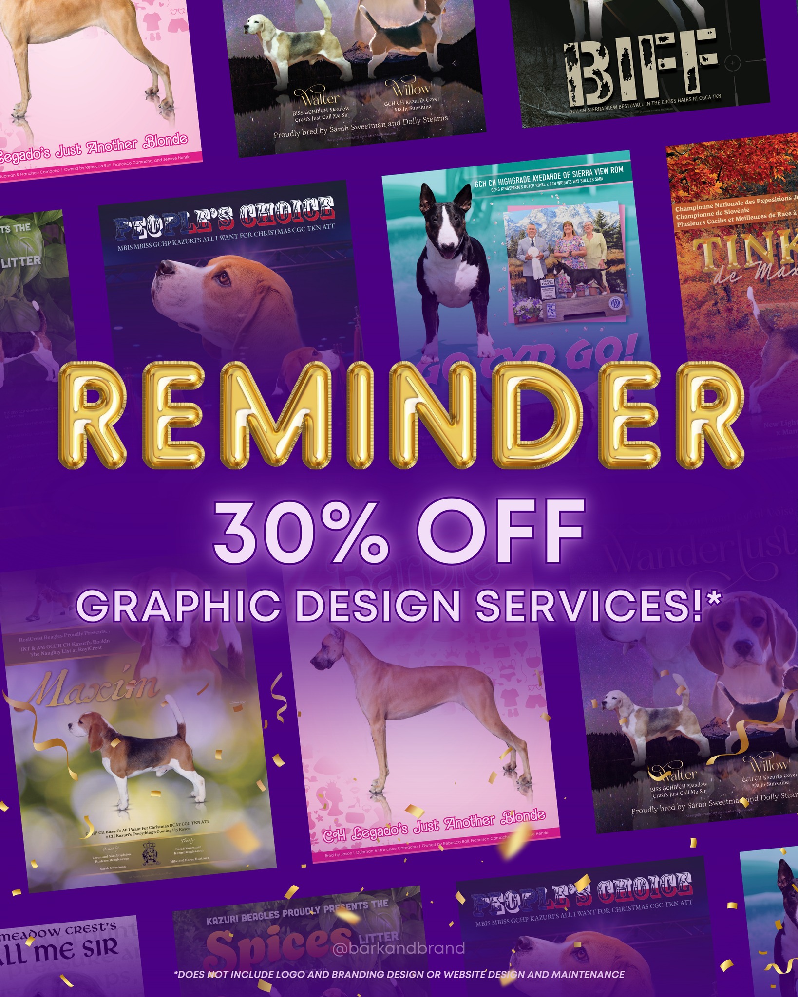 🔔 REMINDER 🔔
Stock up on designs NOW if your 2026 plans include:
✔️ Celebrating new championships and titles
✔️ Announcing upcoming litters
✔️ Campaigning a dog in a magazine or online
✔️ Participating in your National Club's Specialty Show
✔️ Participating in the Westminster Dog Show or NOHS
✔️ Promoting your growing or established kennel program
SALE ENDS SUNDAY, JANUARY 18th at 11:59 PM PST
Click the NEW YEAR'S SALE link in bio to choose your design services for 2026 and we'll be in touch to confirm quantities and complete billing. That’s it, that’s all you have to do — easy peasy!
*sale does not include logo and branding design or website design and maintenance services
#barkandbrand #americankennelclub #showsightmag #showdogfancy #newyearssale #addesign #graphicdesignerlife