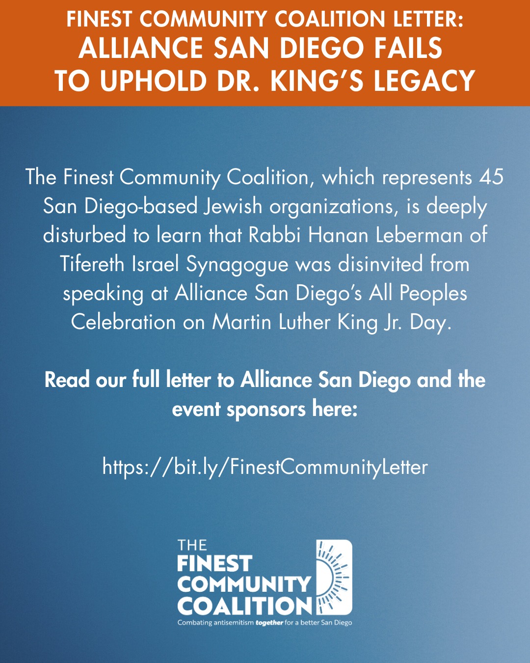 We are calling on @alliancesandiego and event sponsors to live up to Dr. King’s legacy after a Jewish leader was shamefully disinvited from speaking at their upcoming MLK Day event. The event can't be called "The All Peoples Celebration" if it excludes Jews.
Read our full letter at the link in our bio.