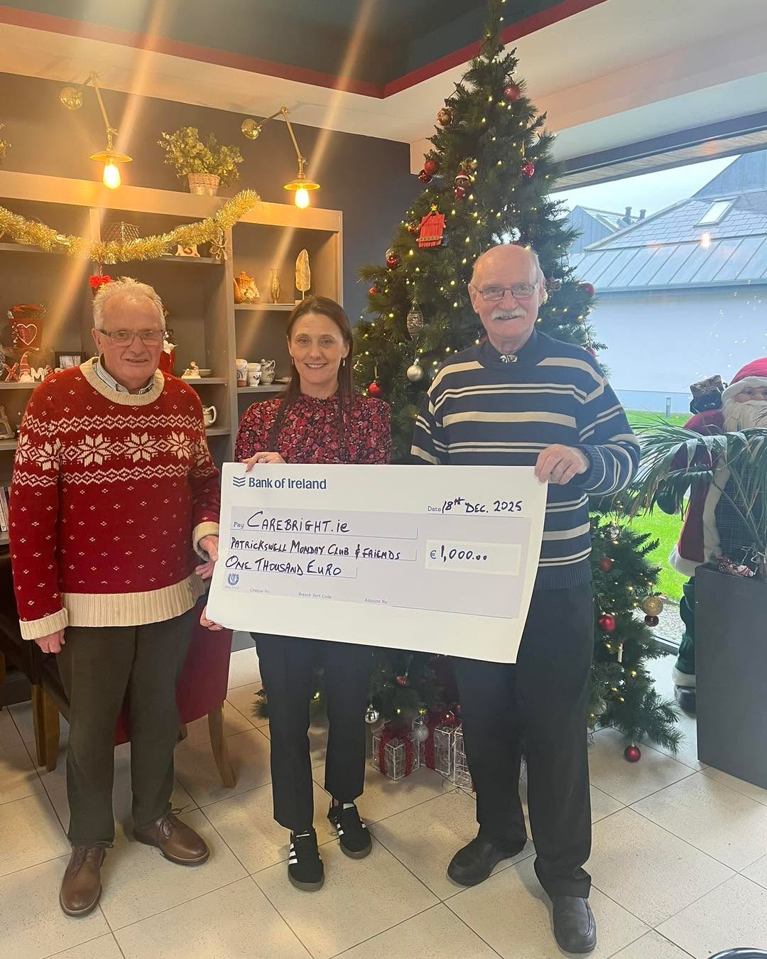 We are very grateful to Tony Hurley, Mike O’Kelly, Patrickswell Monday Club & Friends who dropped by recently with a donation for our Yarn Social Club, this donation was the proceeds from personalised handcrafted coaster sets