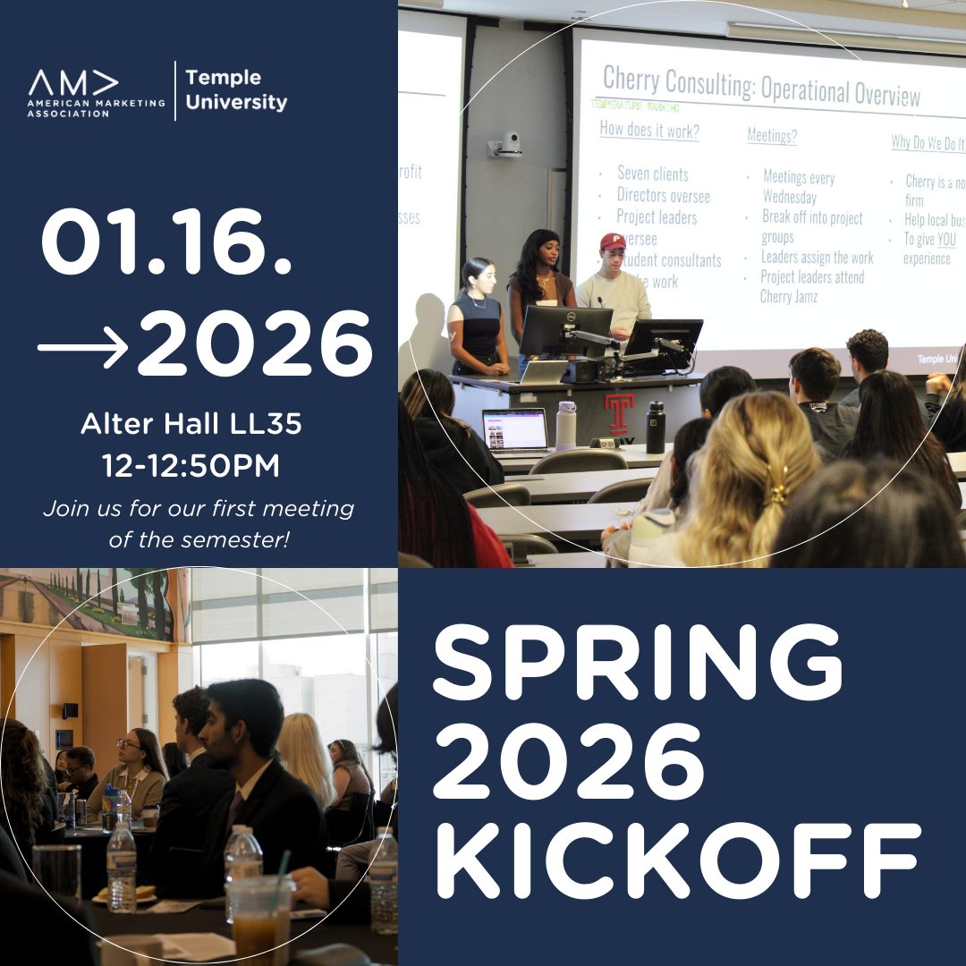 Kicking off Spring 2026 with great energy and even better people 🤍✨ Join us Friday, January 16th from 12–12:50 PM in Alter Hall LL 35 for our kickoff meeting! New and returning members are always welcome—come connect, learn, and kick off the semester with TU AMA. 💡📈