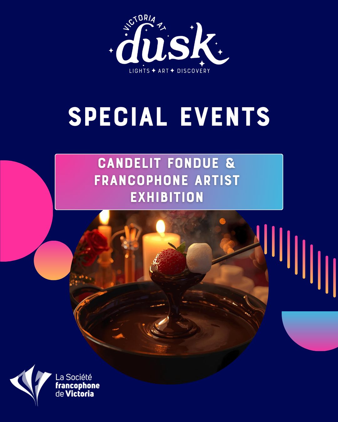 ✨ Step into a little pocket of French-inspired magic during Victoria at Dusk. 🇫🇷🕯️🍫
The @sfvictoria.ca Victoria Francophone Society is teaming up with Victoria at Dusk to bring you two free, magical experiences at 1218 Langley Street — come warm up with music, art, chocolate and community.
FRI, Feb 13 (6–8pm) — Candlelight Live Concert + FREE chocolate fondue 🍫🍓
5:30 doors open
6–7 Sara Rose (singer)
7:15–8 Raphaël L. (pianist)
Free entry + free fondue | Cash bar on site
SUN, Feb 15 (5–7pm) — Francophone Artists Exhibition 🎨💡
Free entry | Cash bar on site
🔗 Event links with all of the details on sfvictoria.ca/en/our-activities
#VictoriaAtDusk #YyjEvents #DowntownVictoria #VictoriaBC #YYJ #YyjArts #FrancophoneVictoria #LiveMusicVictoria #ArtExhibition #WinterArts #FreeThingsToDoVictoria #AfterDarkVictoria