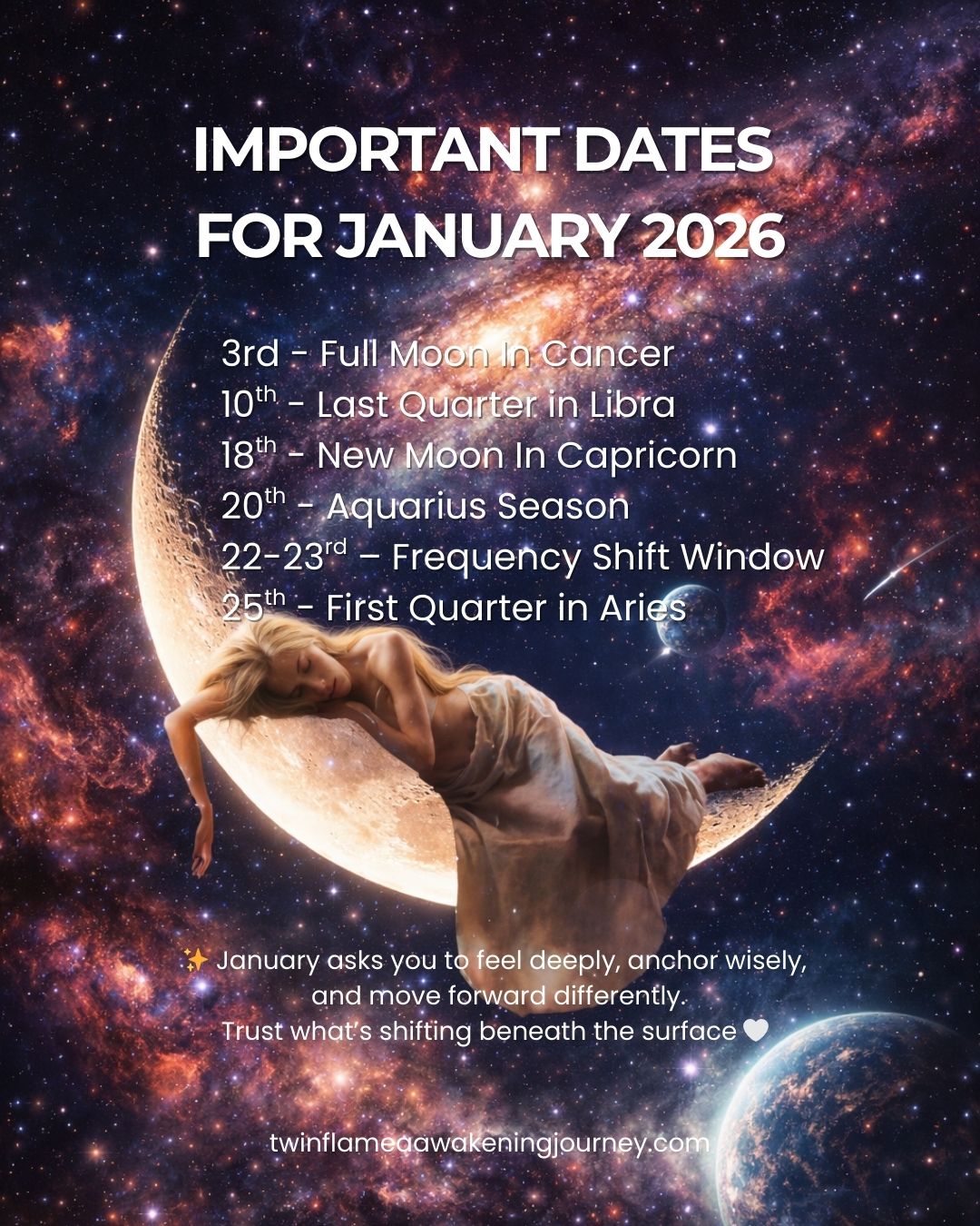 Cosmic Energies in #January2026 ✨
Theme: Deep Shifts, Grounded Wisdom, and Brave New Starts
January 2026 opens with a powerful invitation to feel, heal, and align with a higher frequency. This month carries an undertone of emotional depth, karmic rebalancing, and courageous forward motion, helping you release the old and make space for new foundations.
January’s energy encourages deep emotional anchoring (Cancer), relationship clarity (Libra), grounded ambition (Capricorn), and quantum expansion (Aquarius). The Frequency Shift Window mid-month acts as a turning point : helping you realign with your higher self and future path.
💫 This is not just about doing more—it’s about being in alignment. Let go of what no longer fits your evolving vibration, and move forward with wisdom and authenticity.
#january2026 #astrology #journey #twinflames #spiritual