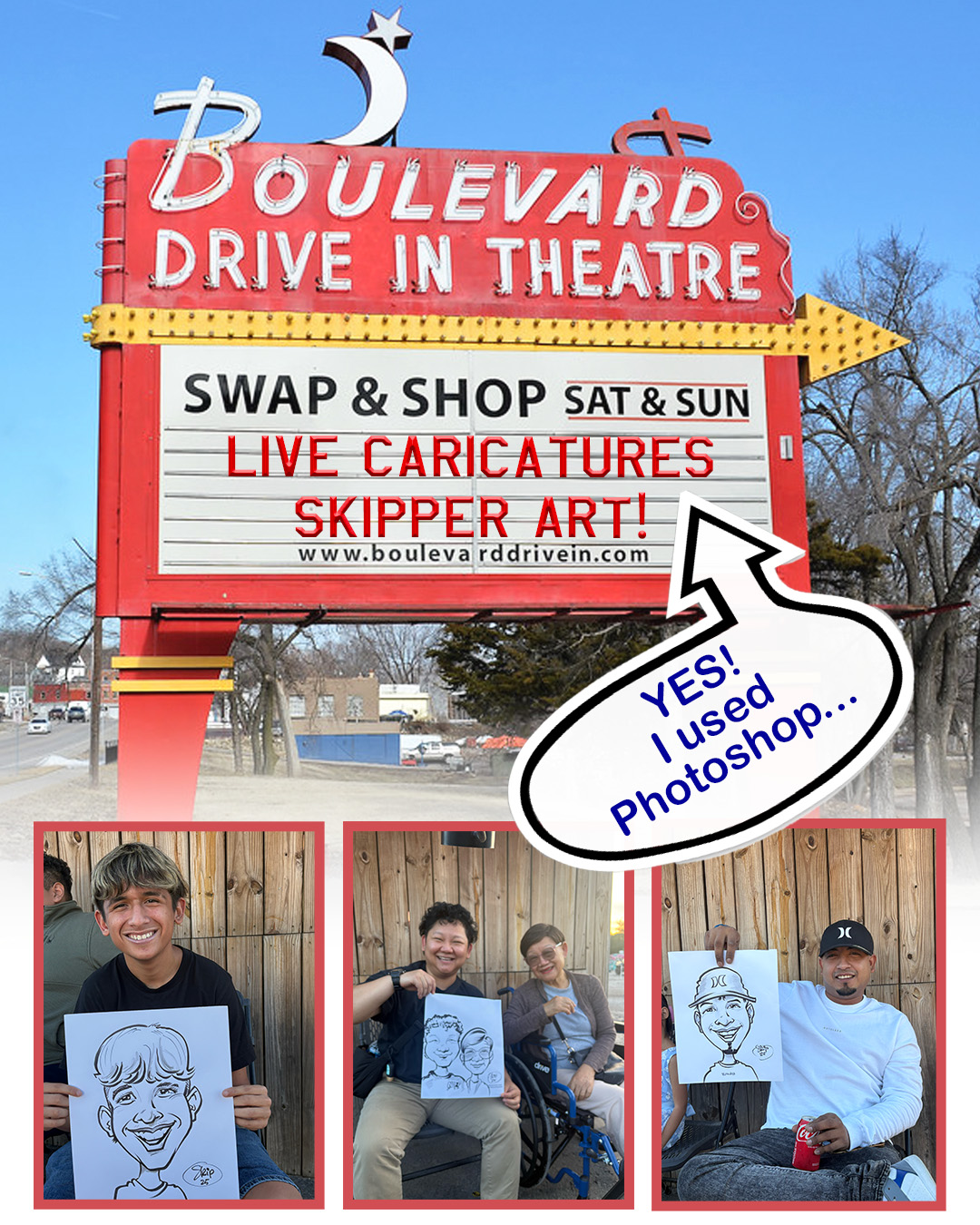 Live caricatures at a company party at Boulevard Drive-In Theatre.
A fun event, great atmosphere, and a classic setting — I even caught the beginning of The Goonies before heading out. Live caricature drawing is a great fit for unique venues like this and gives guests something memorable to take home.
On-site caricature events available through Skipper Art
DM for booking information or visit SkipperArt.com
#livecaricatures
#caricatureartist
#companyparty
#evententertainment
#boulevarddrivein
#driveintheater
#kansascityevents
#kansascityartist
#midwestevents